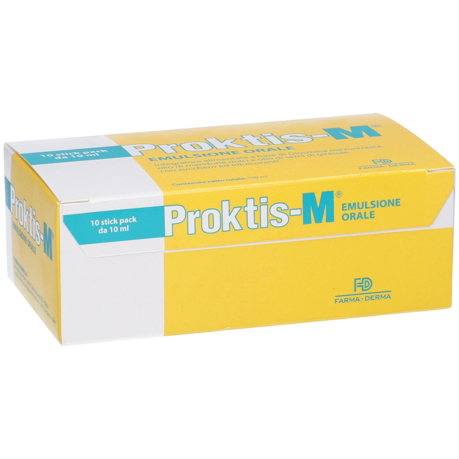Confezione gialla di Proktis-M Emulsione Orale, 10 stick pack da 10 ml.