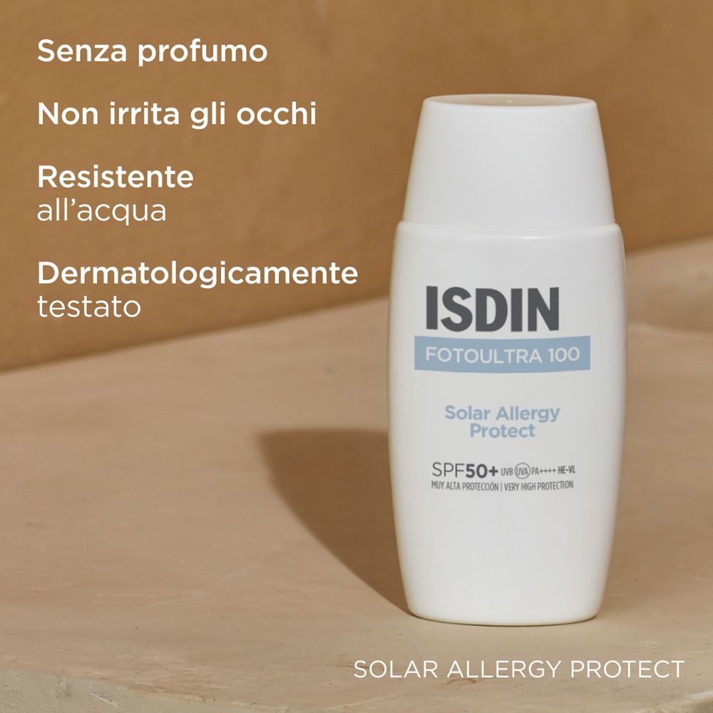 Flacone ISDIN Fotoultra 100. Senza profumo, non irrita gli occhi, resistente all'acqua, dermatologicamente testato.