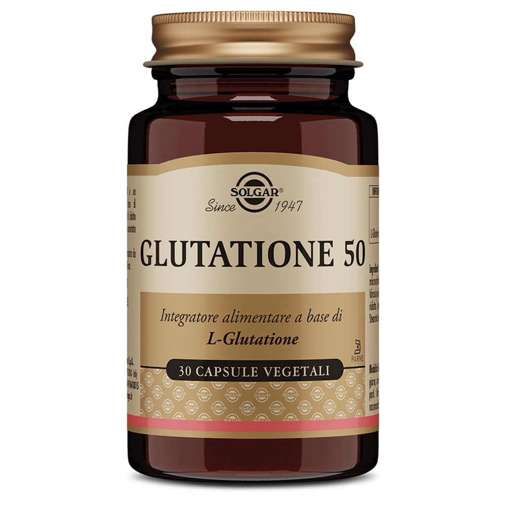 Flacone di vetro marrone con tappo dorato. Scritta: SOLGAR Glutatione 50, 30 capsule vegetali.