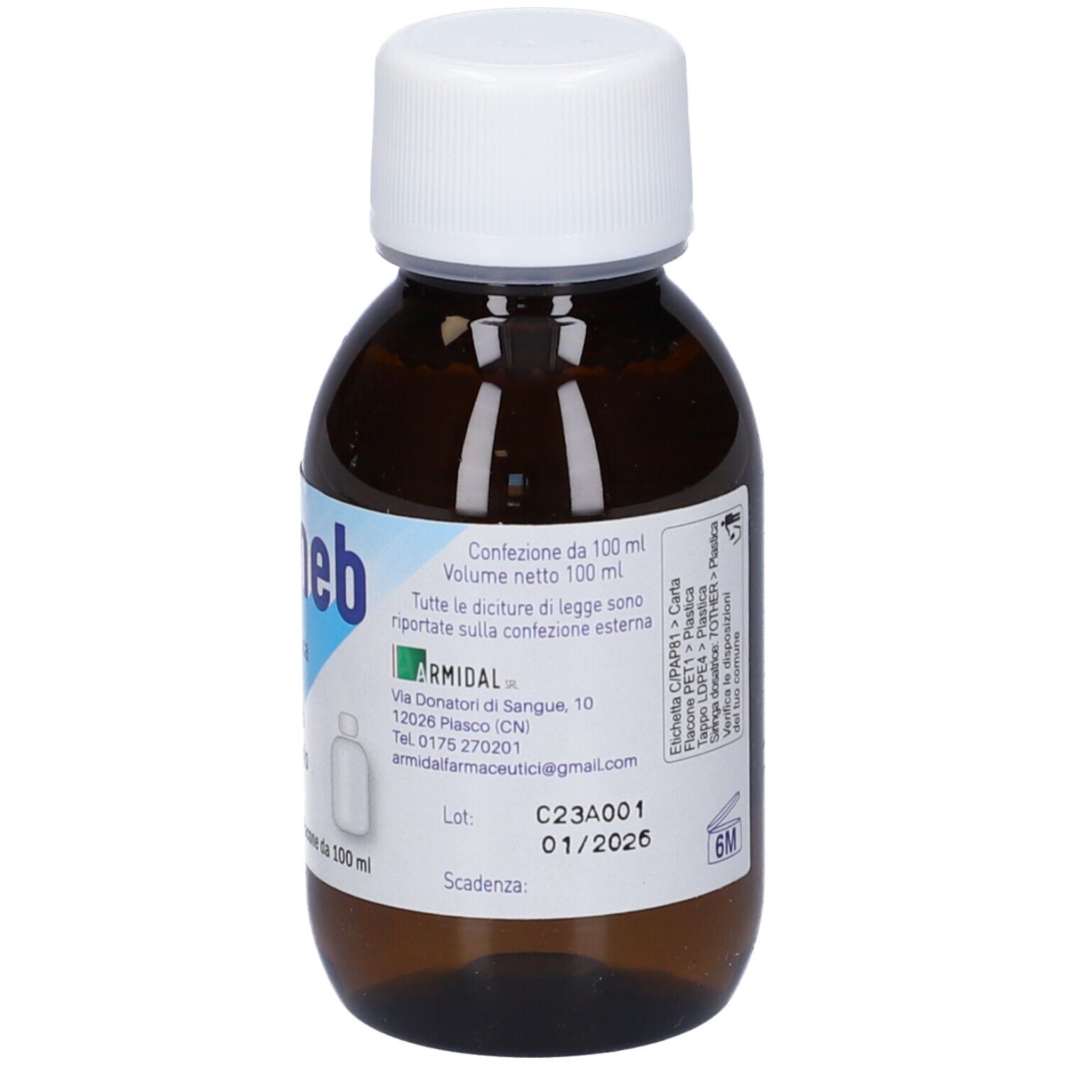 Flacone marrone con tappo bianco. Scritta: Iarineb, soluzione salina isotonica con acido ialuronico. Per inalazione. Etichetta.