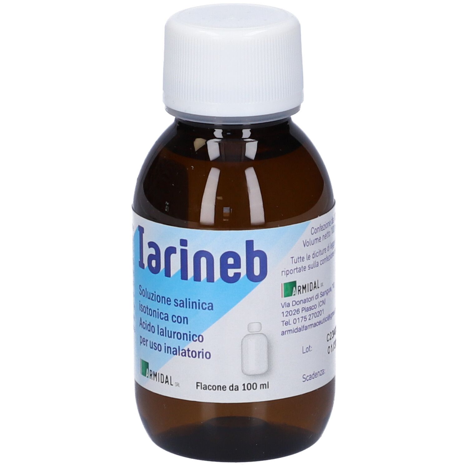 Flacone marrone con tappo bianco. Scritta: Iarineb, soluzione salina isotonica con acido ialuronico. Per inalazione.