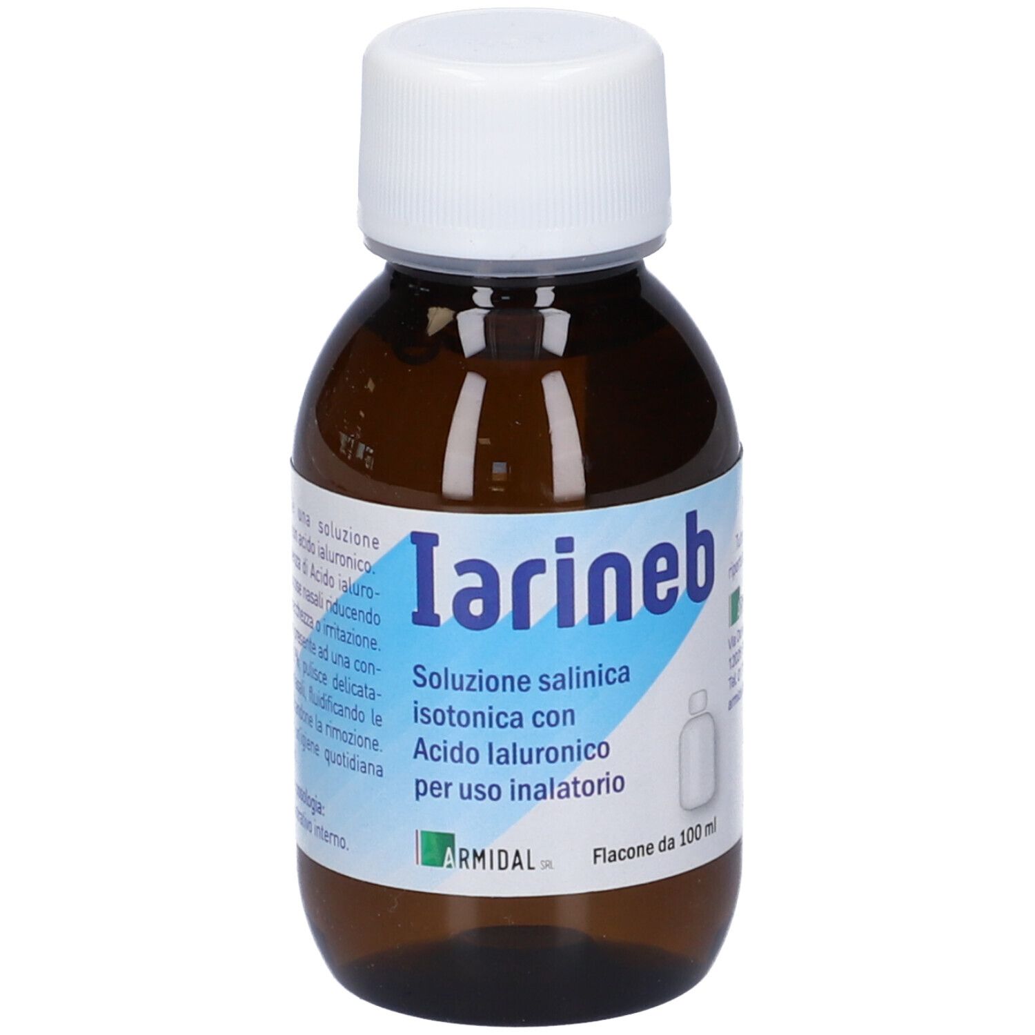 Flacone marrone con tappo bianco. Scritta: Iarineb, soluzione salina isotonica con acido ialuronico. Per inalazione.