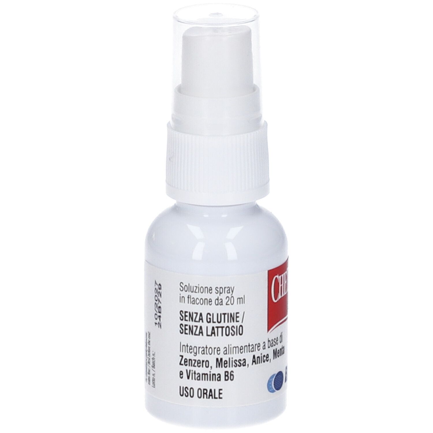 Flacone spray bianco con etichetta rossa. Contiene Chetodral Spray. Senza glutine e lattosio. Per uso orale.