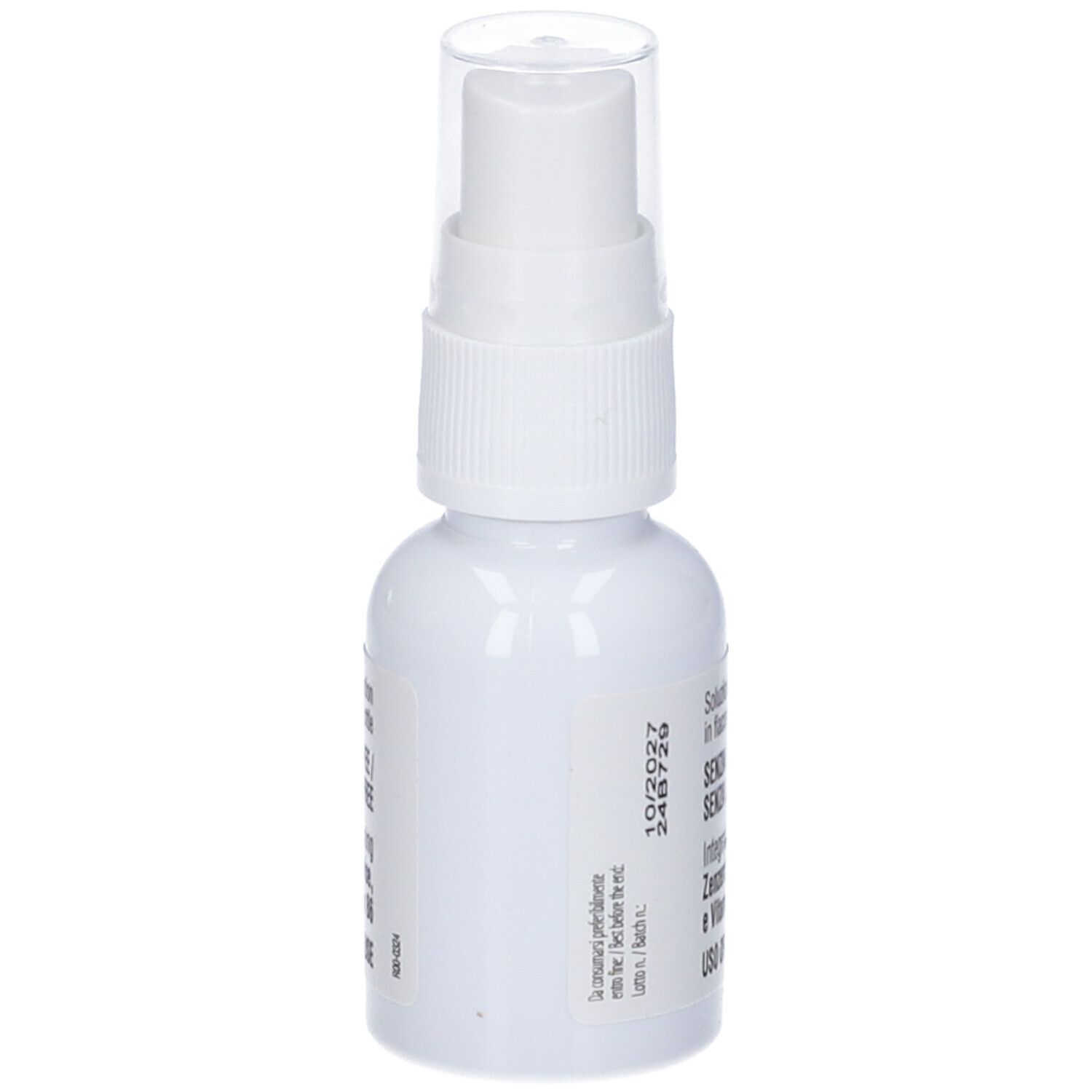 Flacone spray bianco, vista posteriore. Contiene Chetodral Spray. Data di scadenza stampata: 10/2027. Per uso orale.