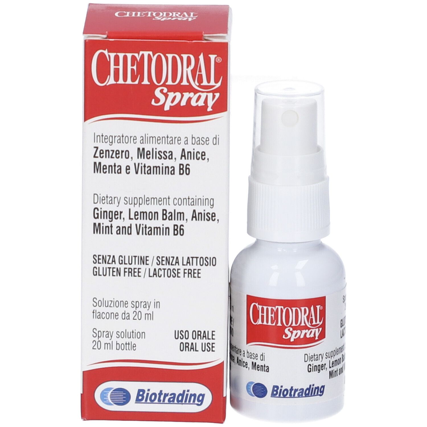 Confezione del prodotto con flacone spray. Contiene Chetodral Spray. Senza glutine/lattosio. Per uso orale. Produttore: Biotrading.