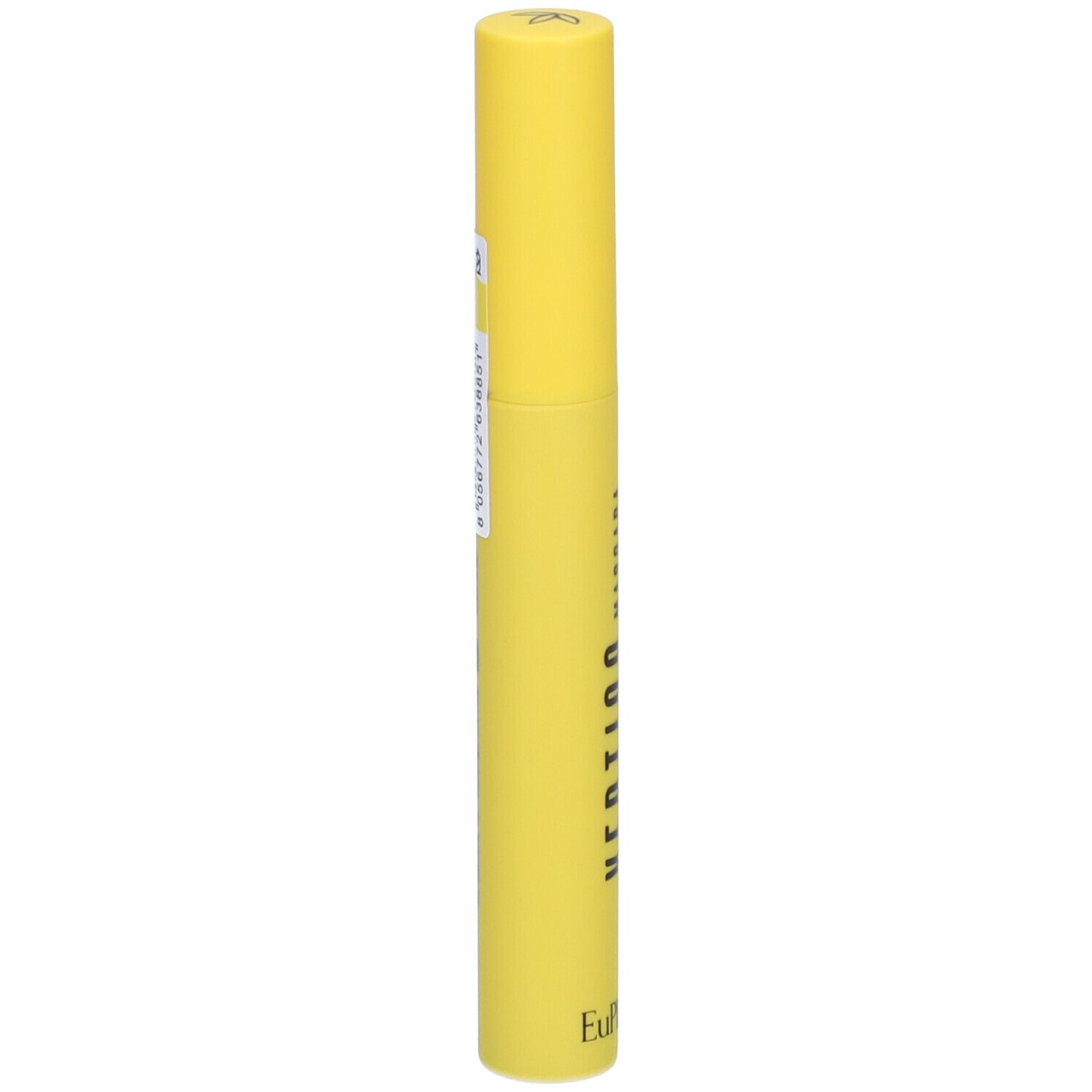 Tubo di mascara giallo. Adesivo con testo. Tappo in alto. Lato del prodotto.