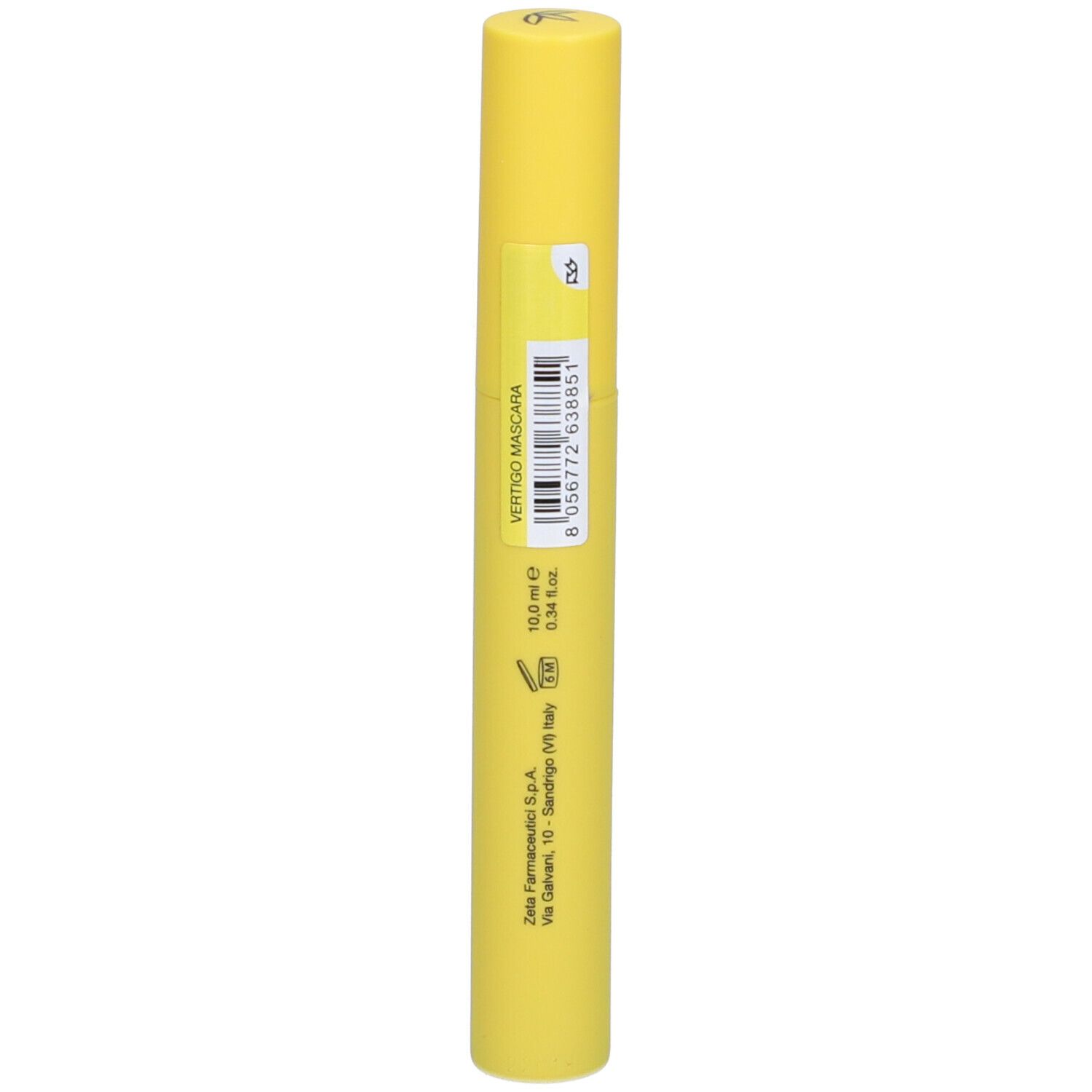 Tubo di mascara giallo con testo e codice a barre. Tappo in alto. Lato del prodotto.