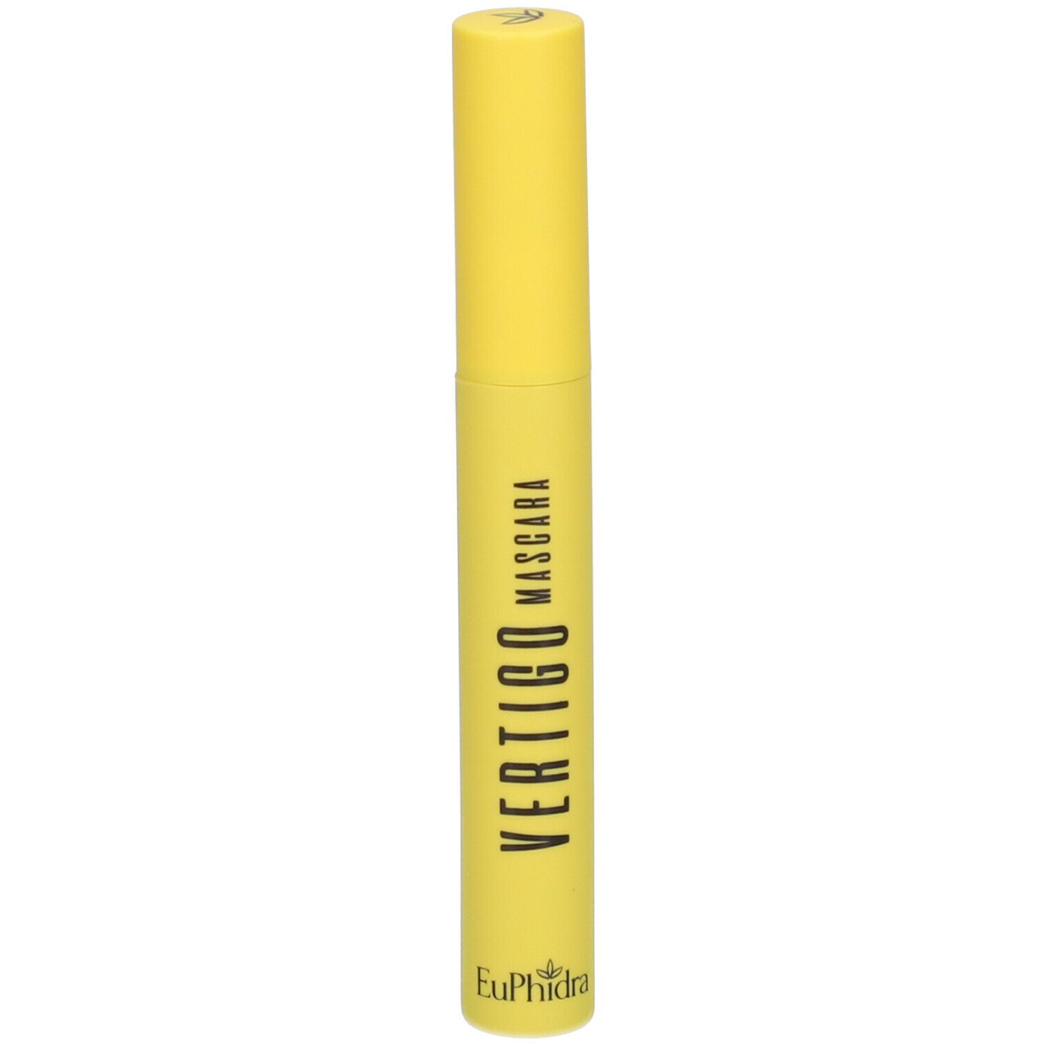 Tubo di mascara giallo con scritta nera VERTIGO MASCARA e logo Euphidra. Tappo in alto.