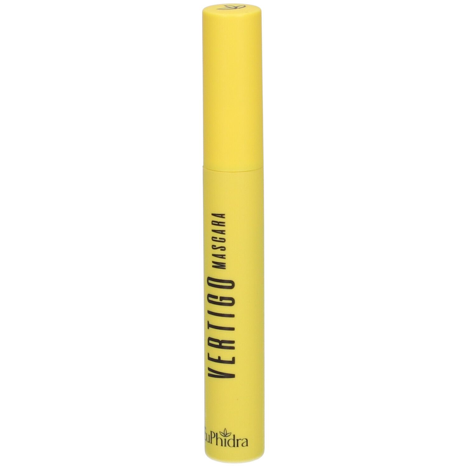 Tubo di mascara giallo con scritta nera VERTIGO MASCARA e logo Euphidra. Tappo in alto.