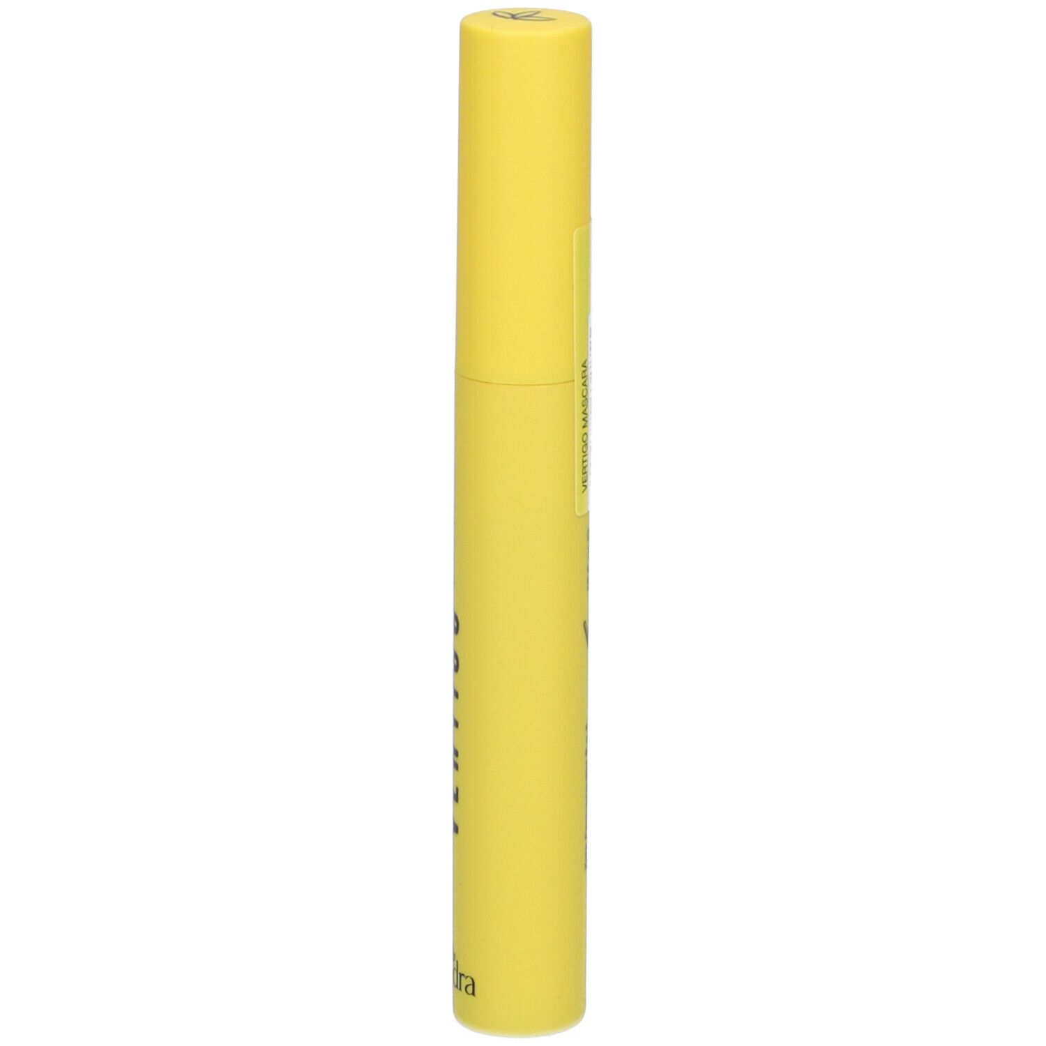 Tubo di mascara giallo. Adesivo con testo. Tappo in alto. Lato del prodotto.
