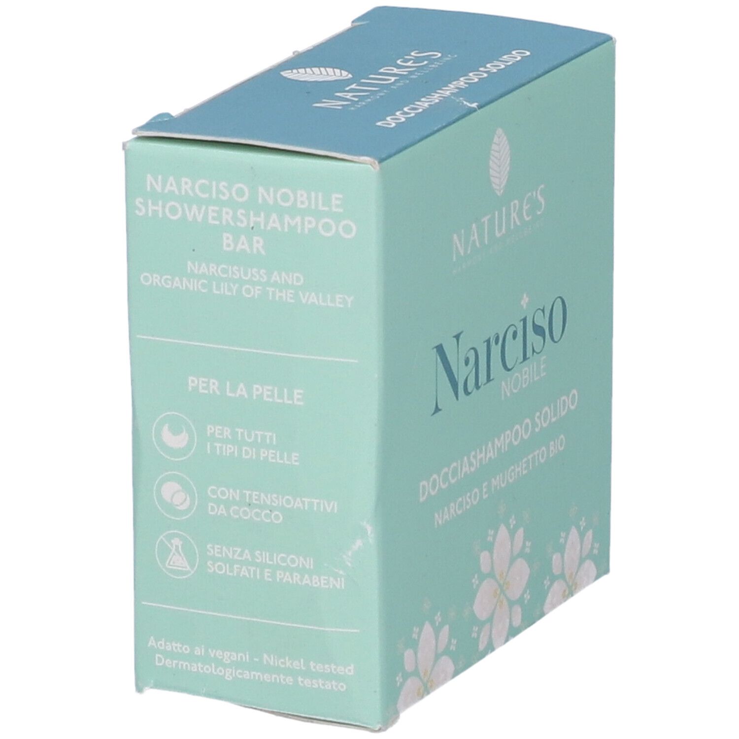 Scatola con logo e nome prodotto. Scritto: Narciso Nobile Shower Shampoo Bar. Dettagli e ingredienti.