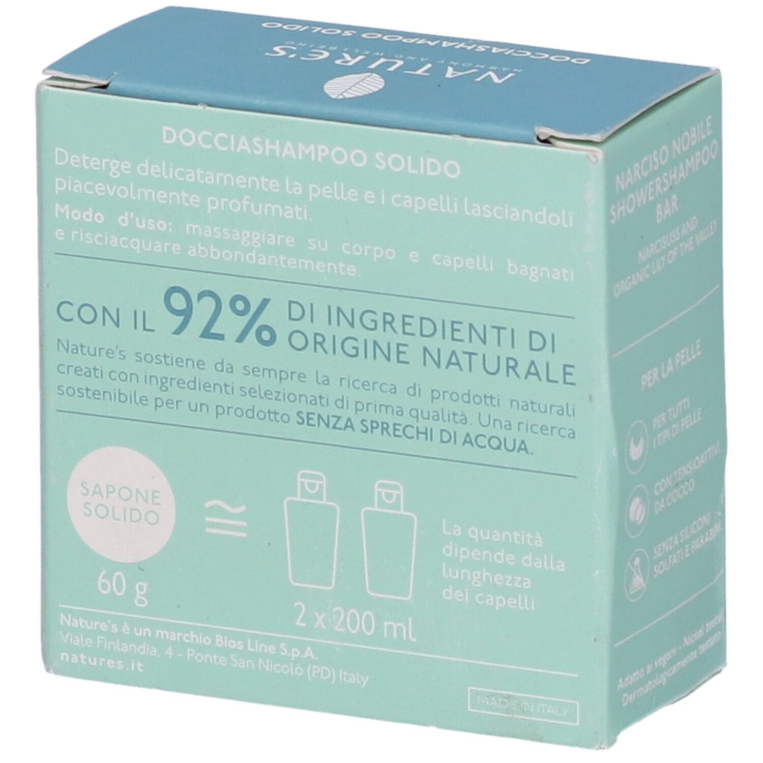 Retro scatola. Testo: Docciashampoo Solido. 92% ingredienti naturali. 60g. 2x200ml.