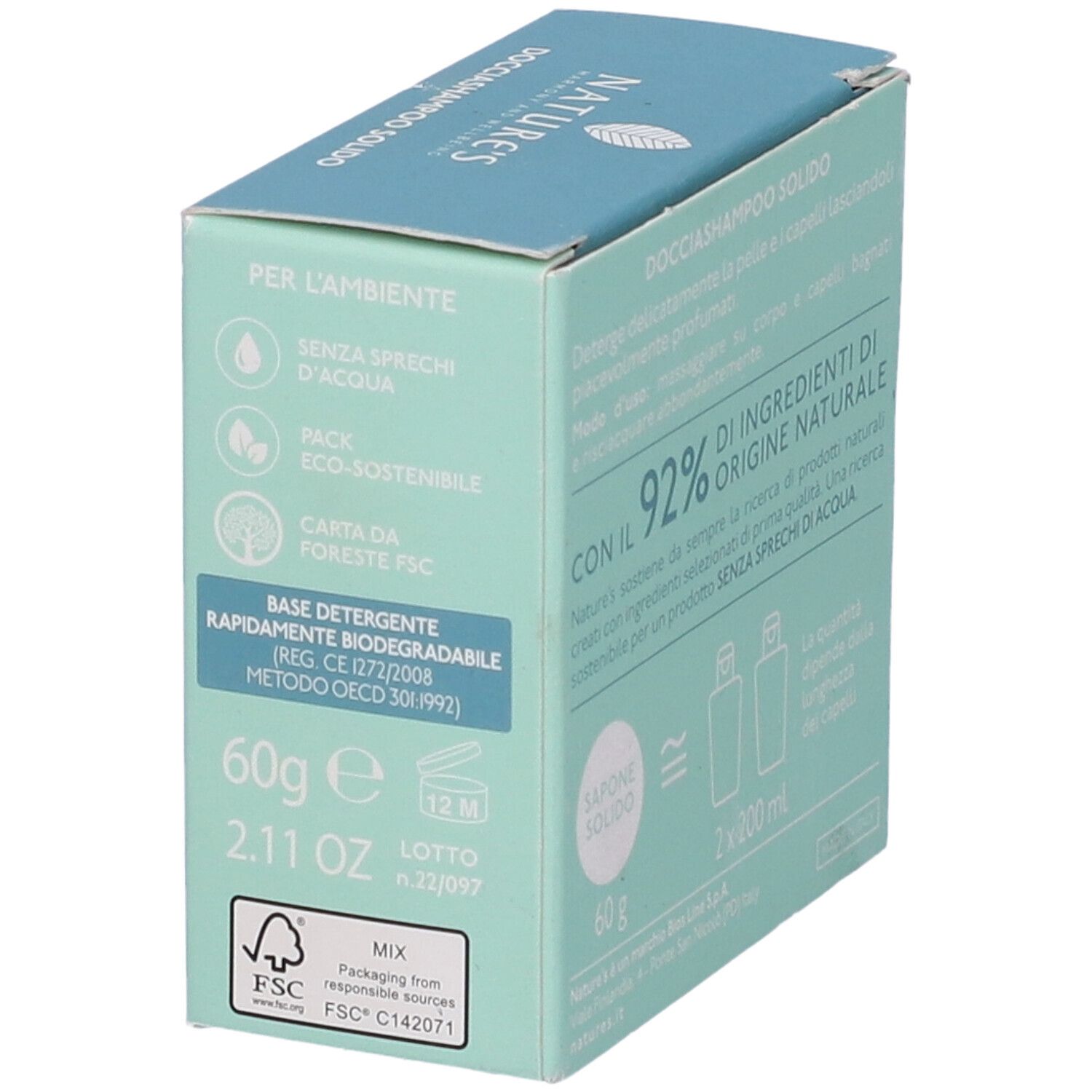 Scatola con testo e logo. Scritto: Docciashampoo Solido. 60g. 2.11 OZ. Certificazione FSC.