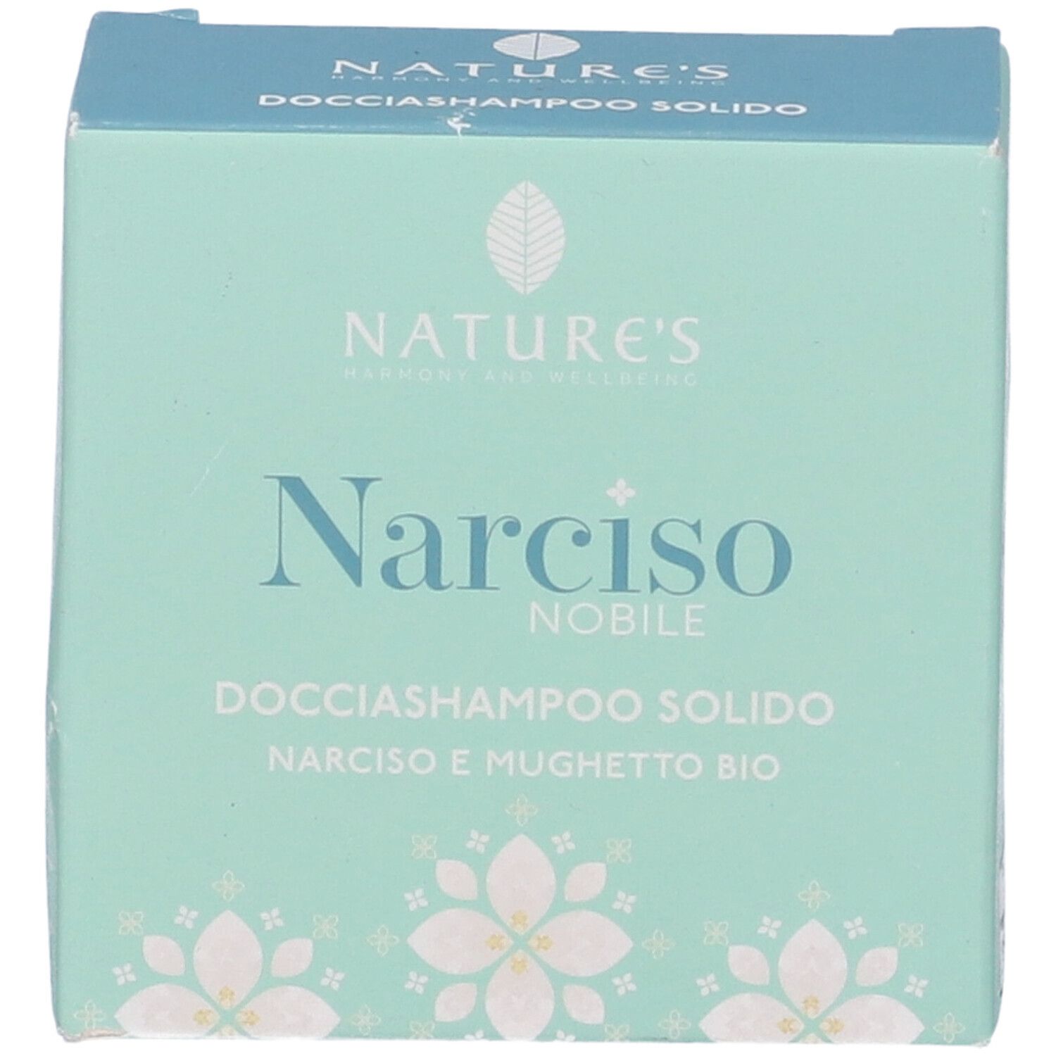 Scatola con nome e logo del prodotto. Scritto: Narciso Nobile Docciashampoo Solido. Verde chiaro.