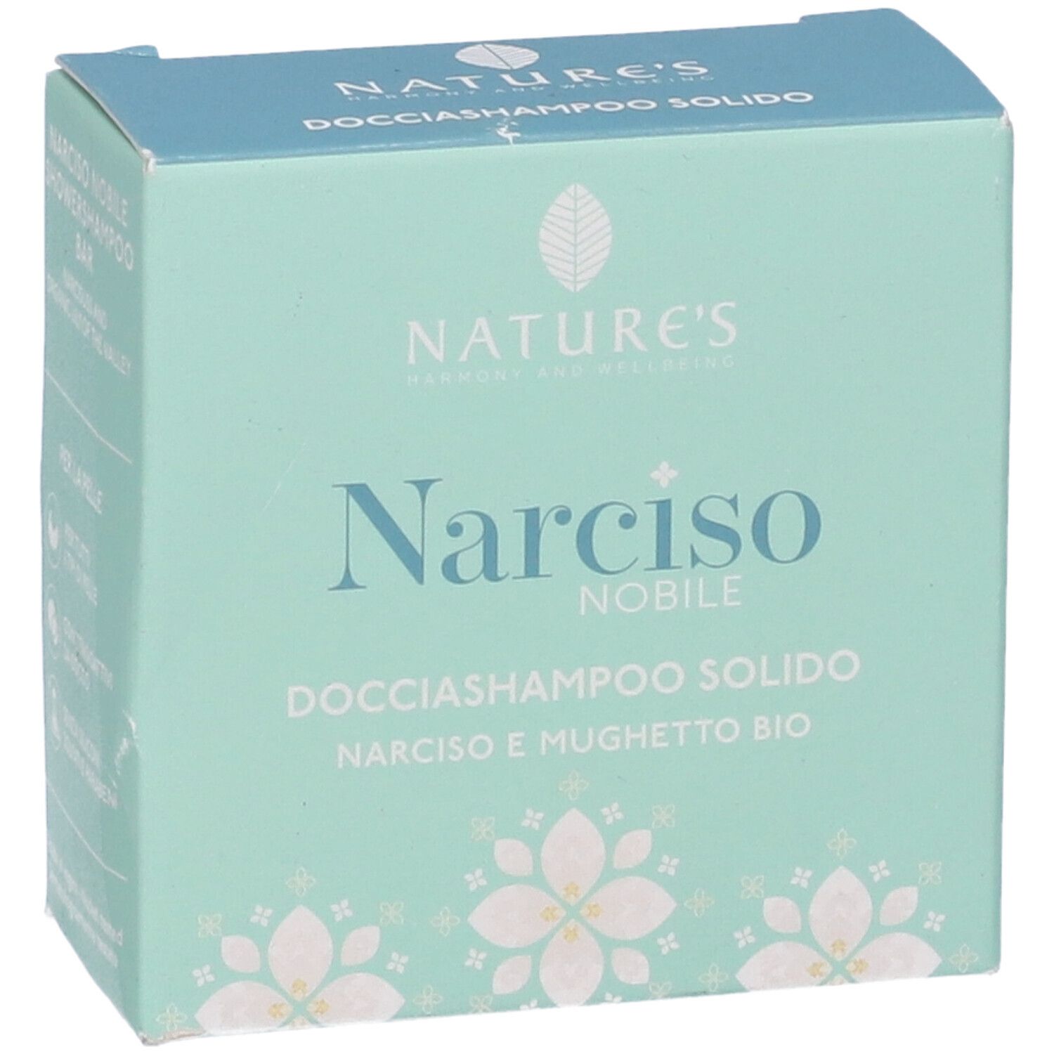 Scatola con nome e logo del prodotto. Scritto: Narciso Nobile Docciashampoo Solido. Verde chiaro.