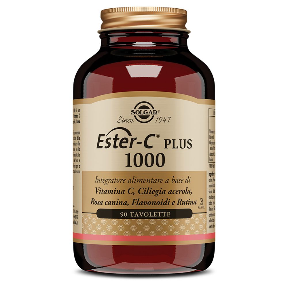 Flacone di vetro marrone con tappo dorato. Scritta: Ester-C PLUS 1000. Contiene 90 compresse.