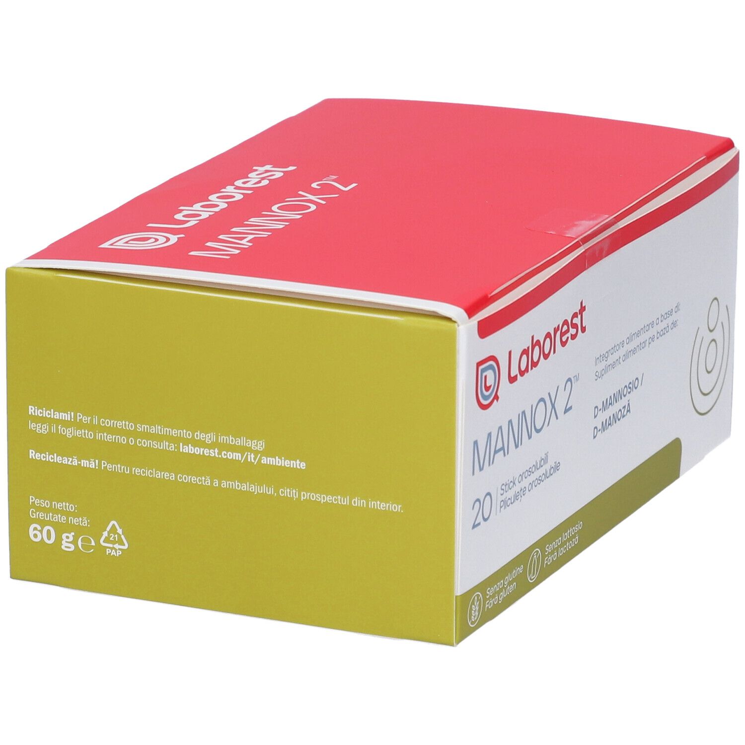 LABOREST MANNOX 2 Confezione da 20 stick orosolubili, integratore alimentare a base di D-Mannosio.