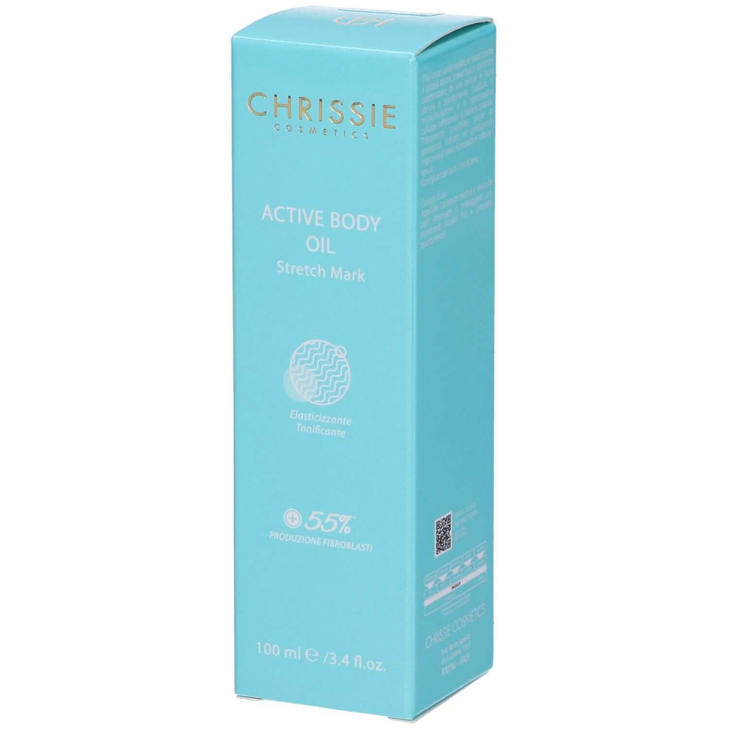 Scatola turchese. Scritta: Chrissie Active Body Oil Stretch Mark. 100 ml.