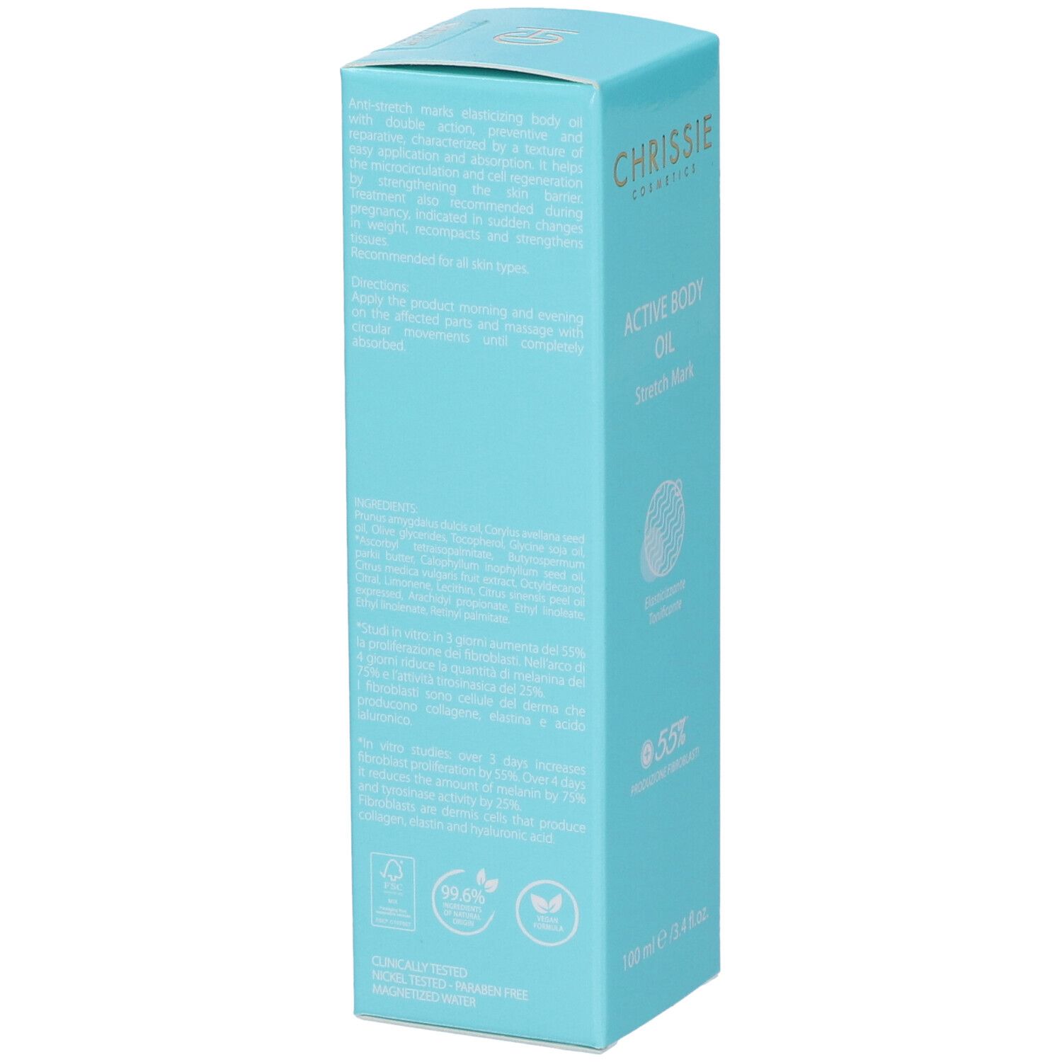 Scatola turchese. Scritta: Chrissie Active Body Oil Stretch Mark. 100 ml. Testo.