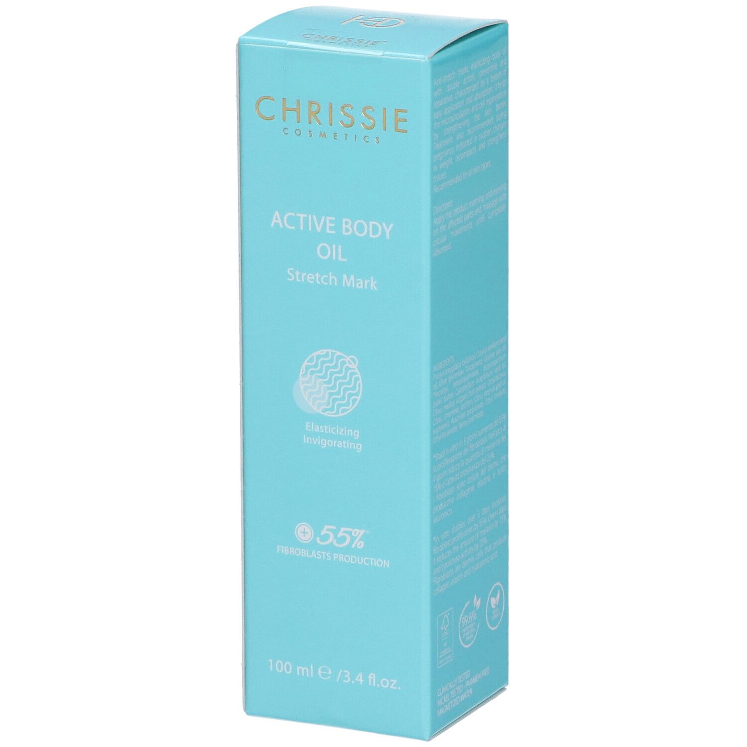 Scatola turchese. Scritta: Chrissie Active Body Oil Stretch Mark. 100 ml. Testo.