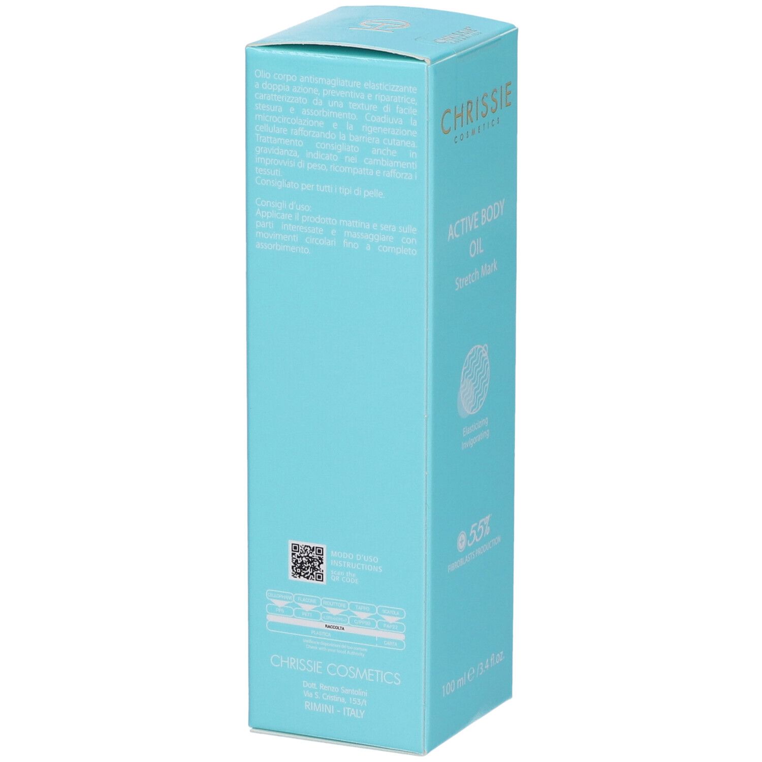 Scatola turchese. Scritta: Chrissie Active Body Oil Stretch Mark. 100 ml. Testo.