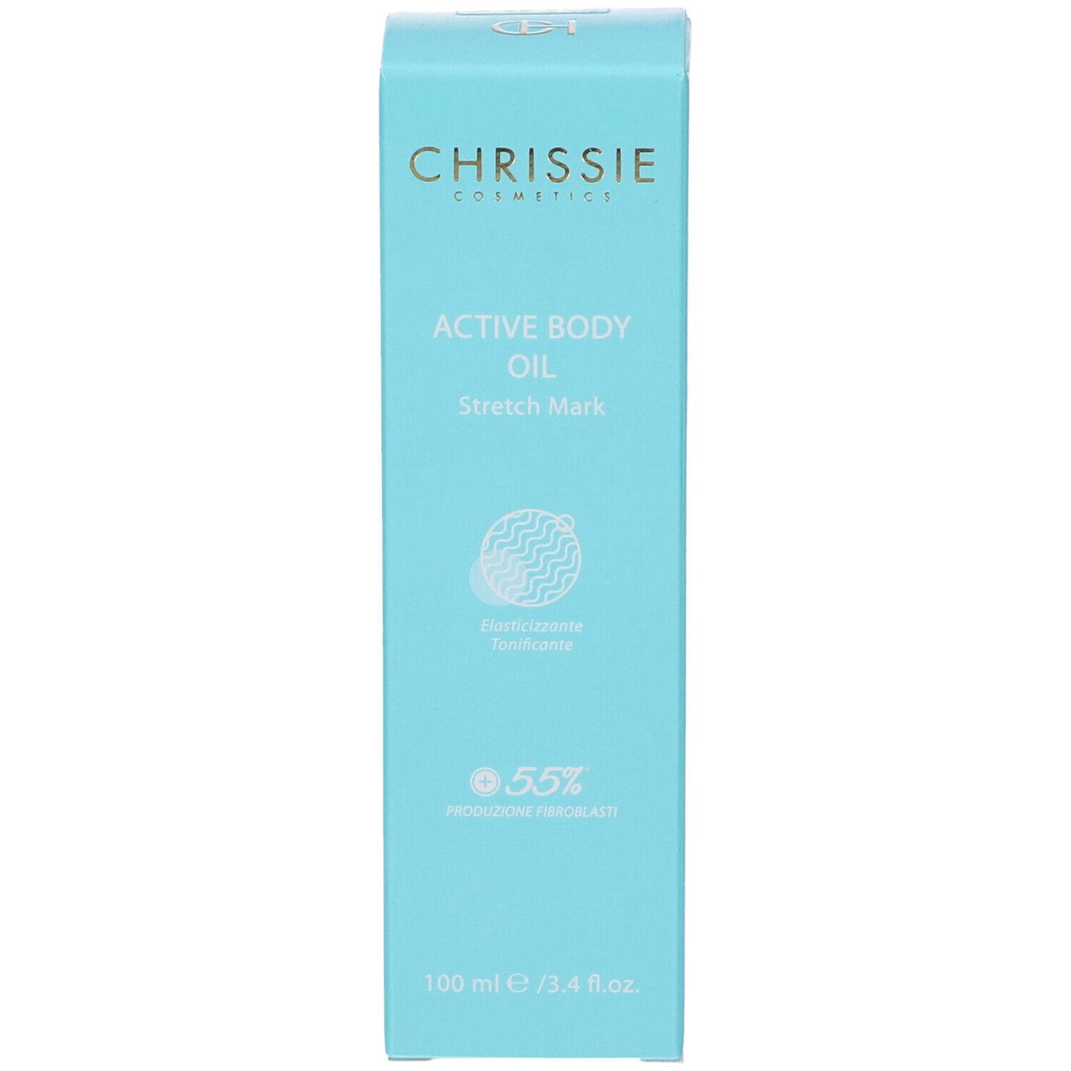 Scatola turchese. Scritta: Chrissie Active Body Oil Stretch Mark. 100 ml.