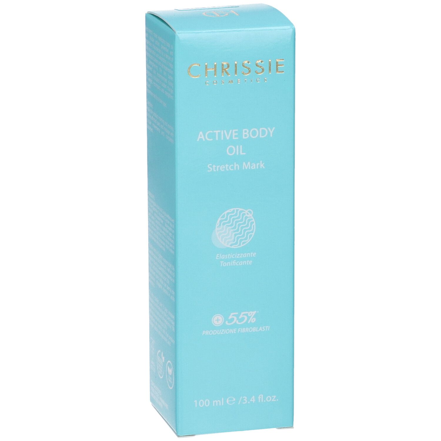 Scatola turchese. Scritta: Chrissie Active Body Oil Stretch Mark. 100 ml.