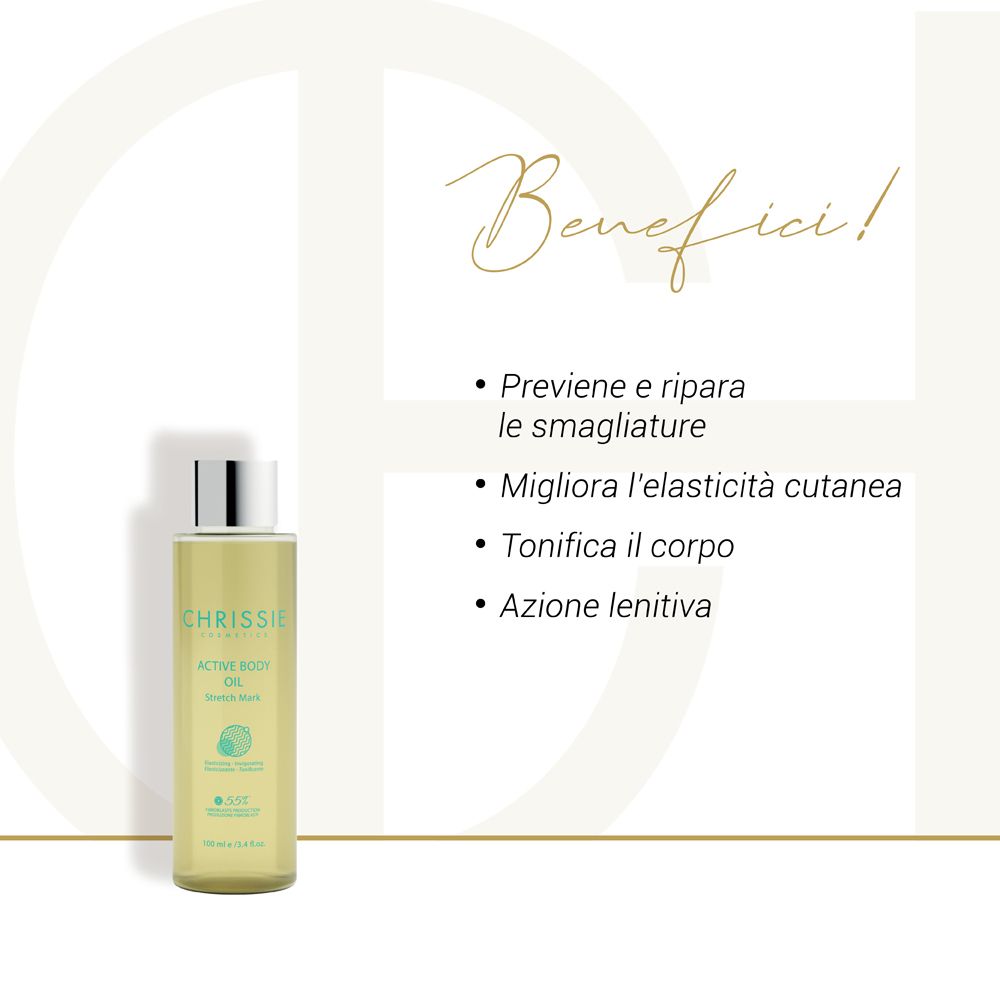 Testo su sfondo crema. Benefici: Previene le smagliature, migliora l'elasticità cutanea.