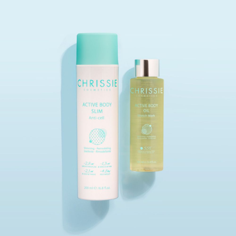Due flaconi: Chrissie Active Body Slim Anti-Cell e Chrissie Active Body Oil Stretch Mark.