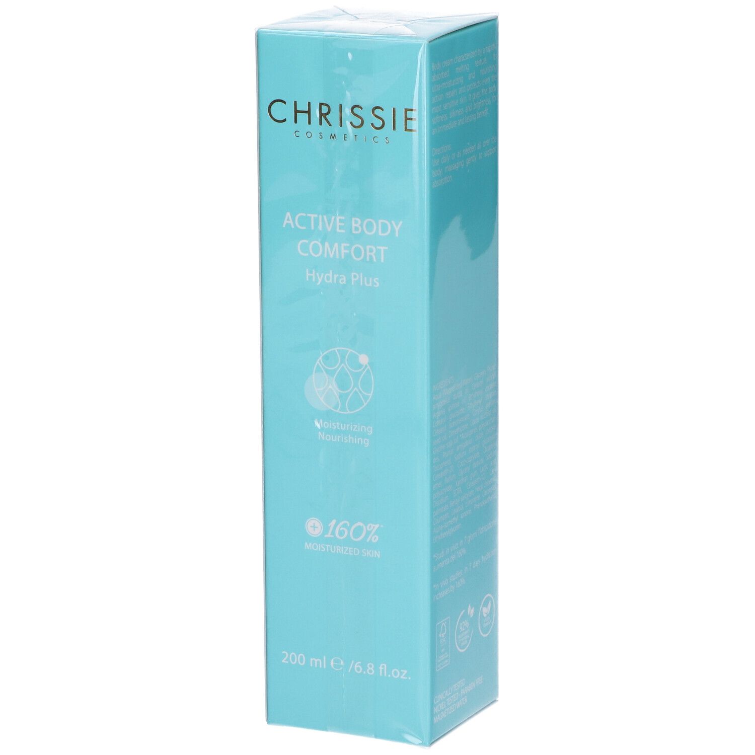 Confezione azzurra. Scritta: Chrissie Cosmetics, Active Body Comfort Hydra Plus. Testo e loghi sul retro.