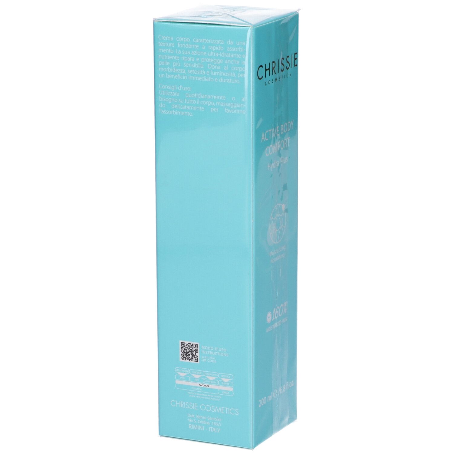 Confezione azzurra. Scritta: Chrissie Cosmetics, Active Body Comfort Hydra Plus. Testo e loghi sul retro.