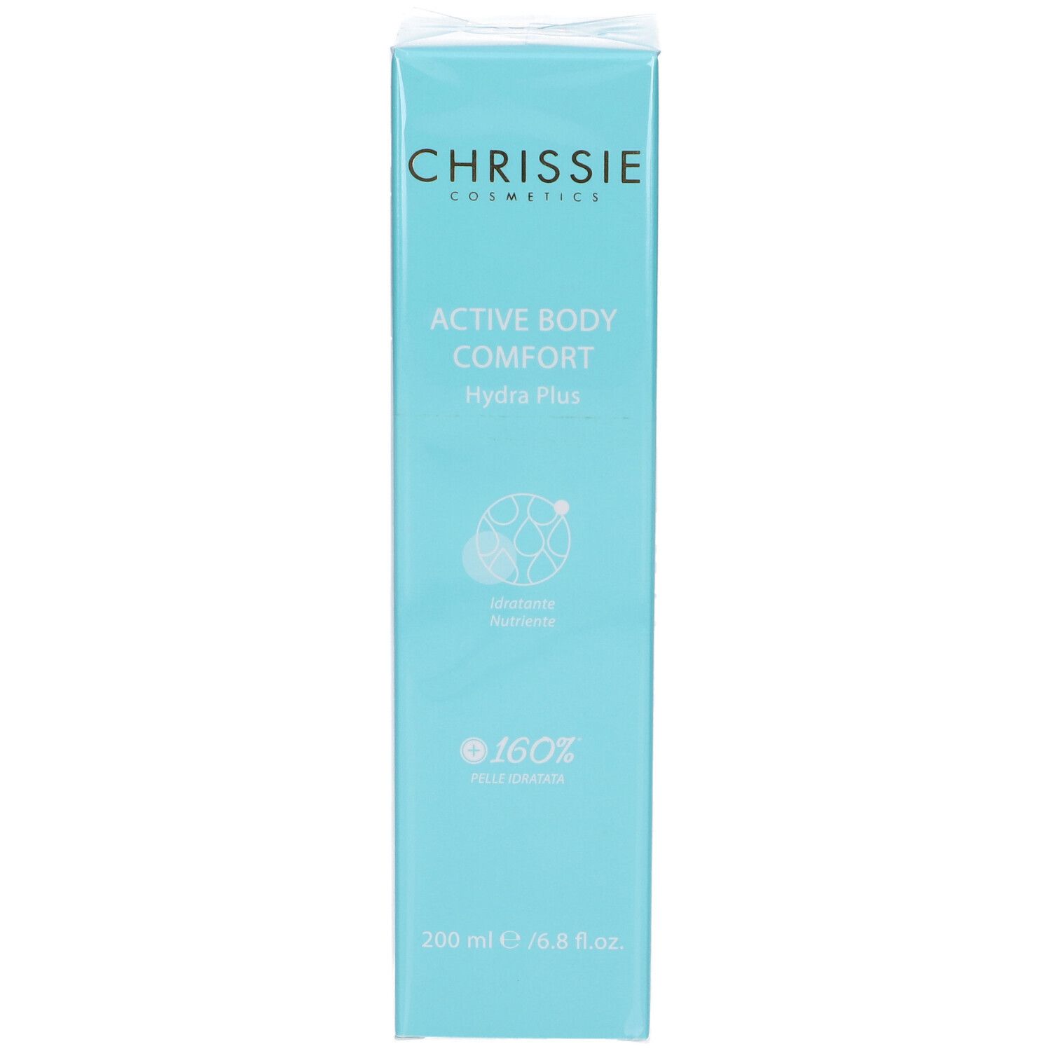 Confezione azzurra. Scritta: Chrissie Cosmetics, Active Body Comfort Hydra Plus. 200 ml. Vista del prodotto.