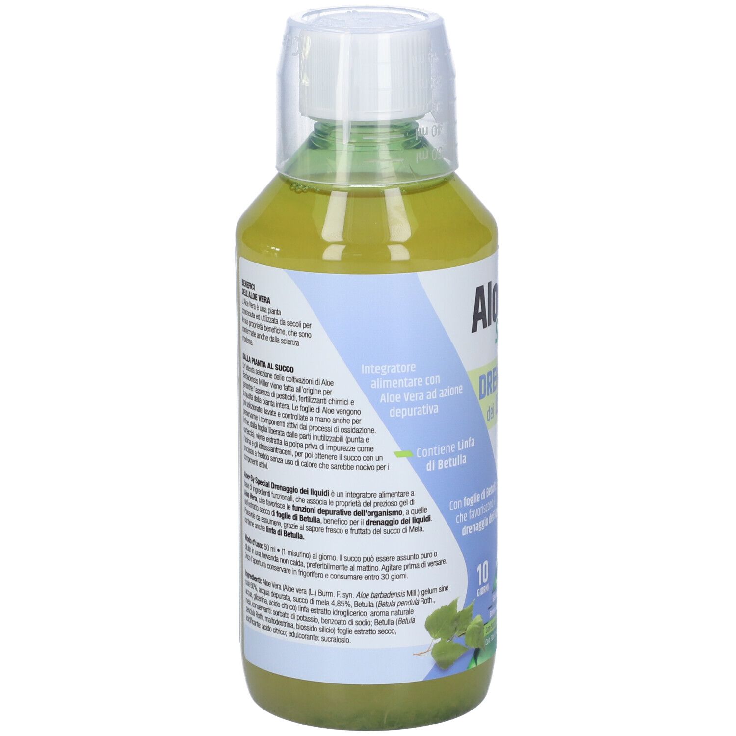 Bottiglia Aloe-sy Special Drenaggio dei Liquidi. Etichetta con informazioni e logo. Vista posteriore.