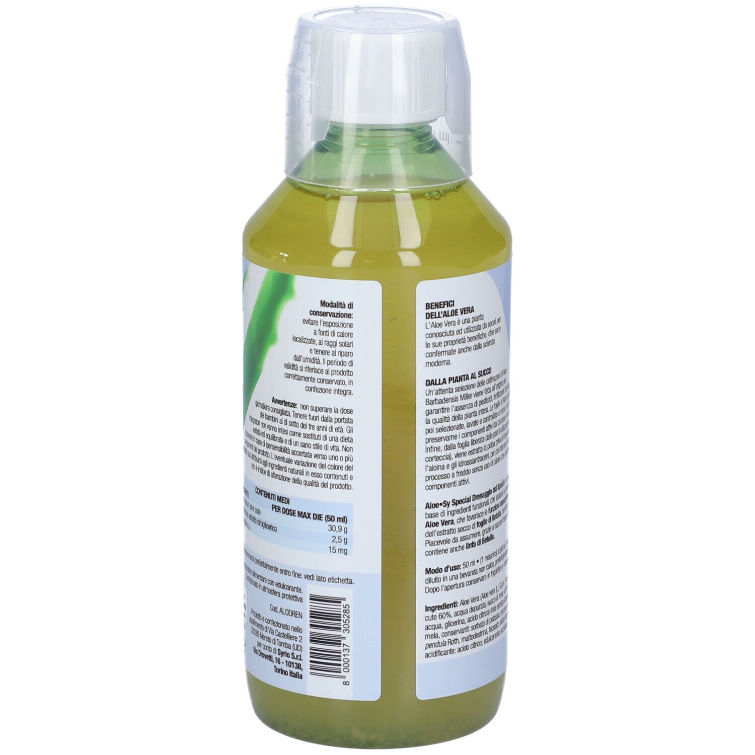 Bottiglia Aloe-sy Special Drenaggio dei Liquidi. Etichetta con informazioni e logo. Vista posteriore.