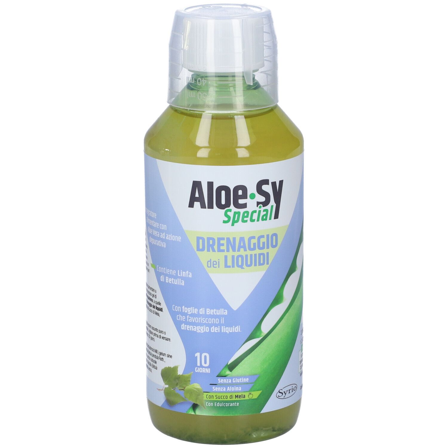 Bottiglia Aloe-sy Special Drenaggio dei Liquidi. Tappo. Etichetta con informazioni e logo del prodotto.