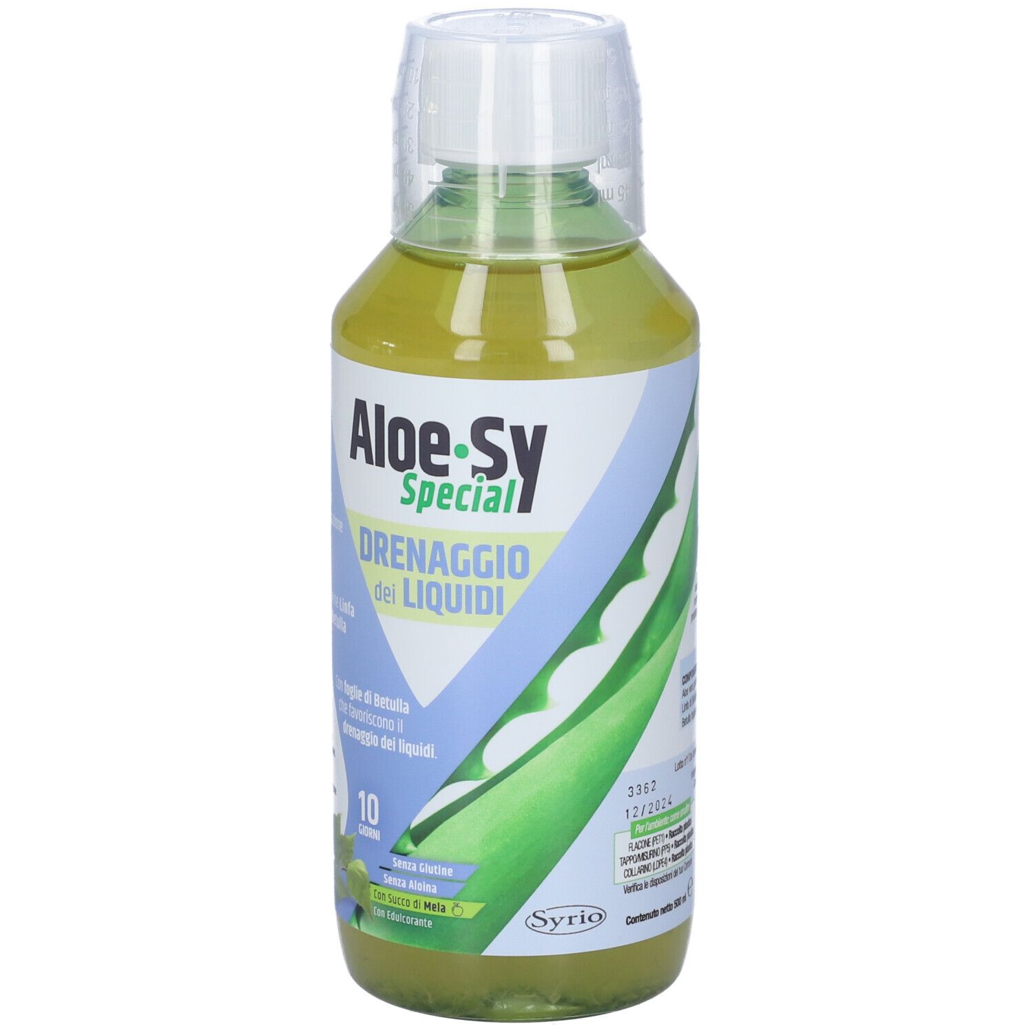 Bottiglia Aloe-sy Special Drenaggio dei Liquidi. Tappo. Etichetta con informazioni e logo del prodotto.