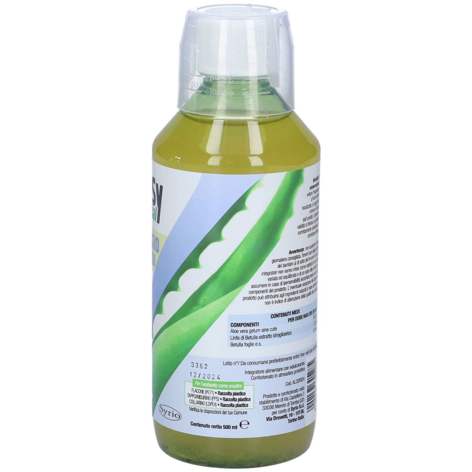 Bottiglia Aloe-sy Special Drenaggio dei Liquidi. Etichetta con informazioni e logo. Vista posteriore.