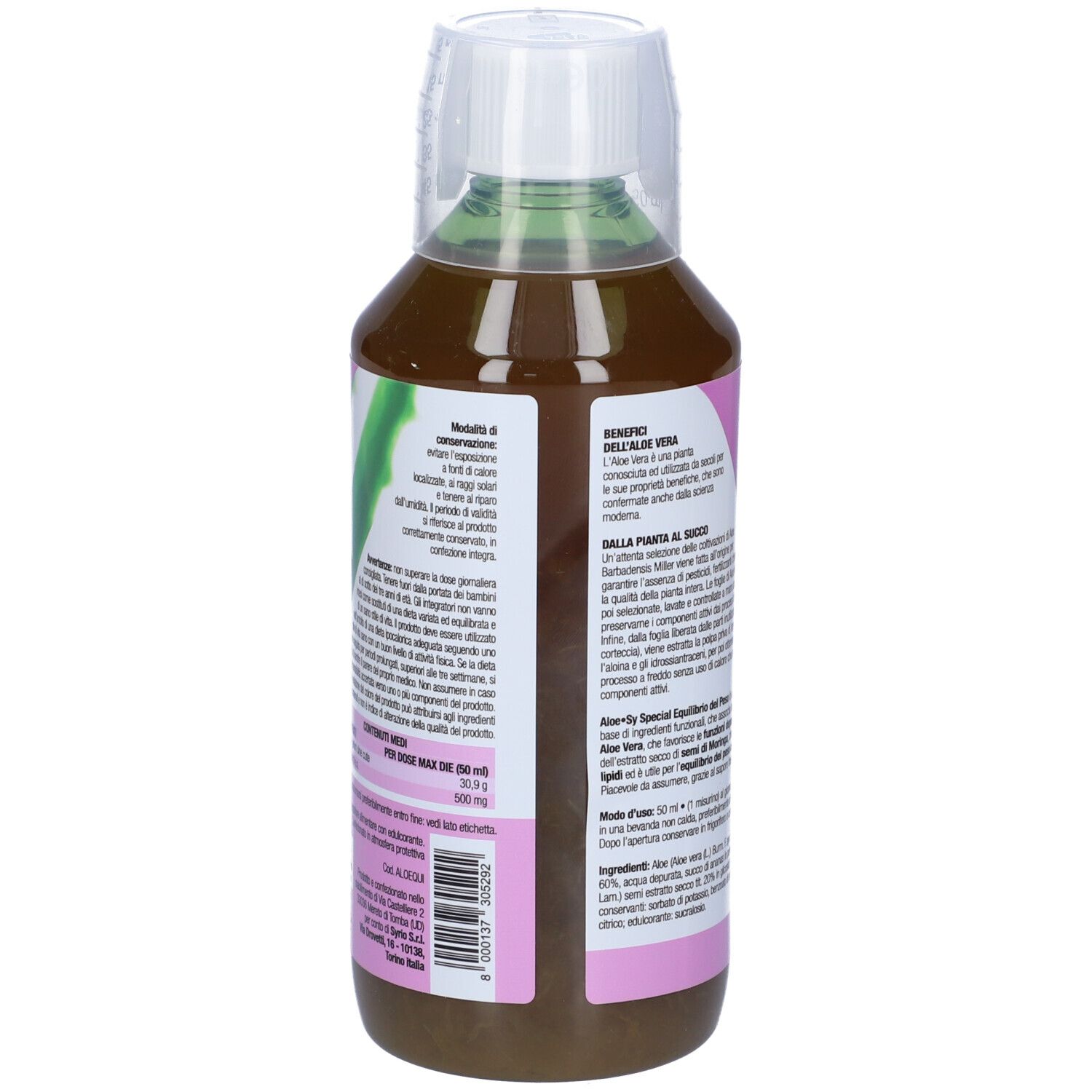 Aloe-Sy Special Equilibrio Del Peso. Bottiglia con liquido, tappo bianco ed etichetta con informazioni sul prodotto.