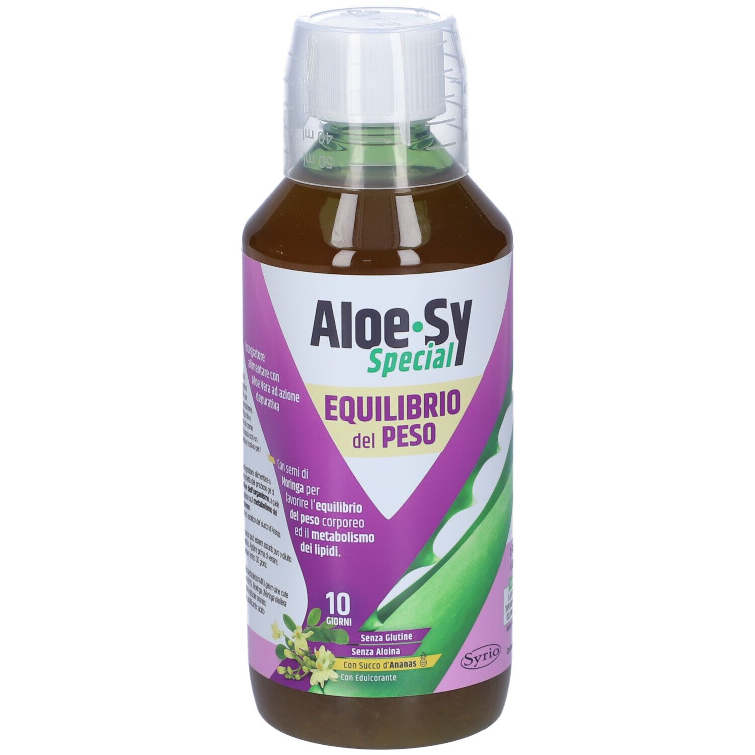 Aloe-Sy Special Equilibrio Del Peso. Bottiglia con liquido, tappo bianco ed etichetta con informazioni sul prodotto.
