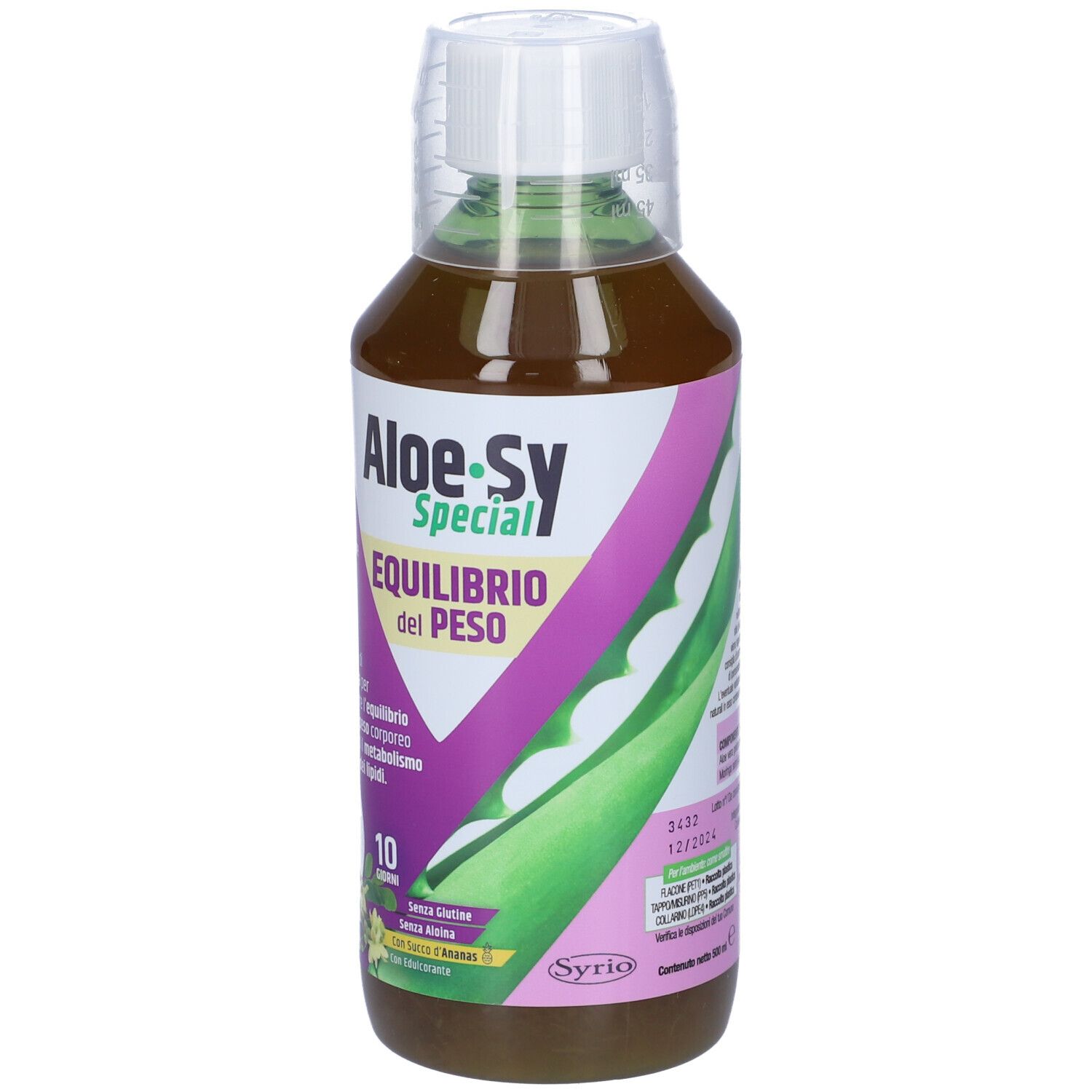 Aloe-Sy Special Equilibrio Del Peso. Bottiglia con liquido, tappo bianco ed etichetta con informazioni sul prodotto.
