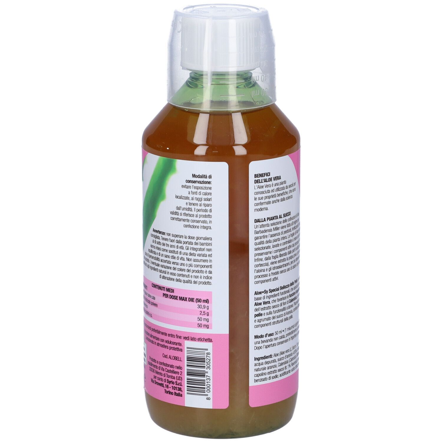 Integratore alimentare in bottiglia. Retro con informazioni sul prodotto e ingredienti.