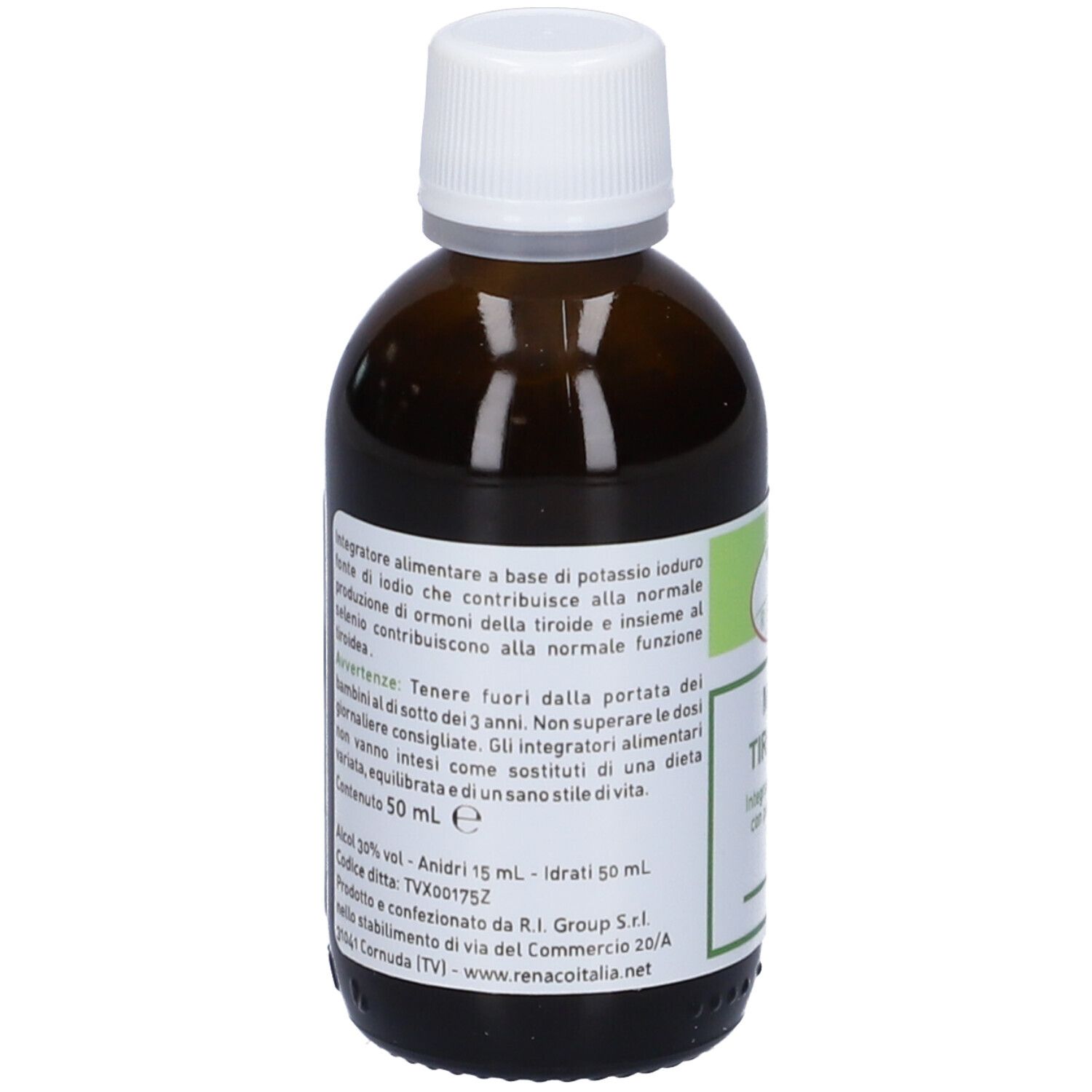 Flacone di vetro marrone con tappo bianco. Etichetta con ingredienti e avvertenze. Integratore alimentare.