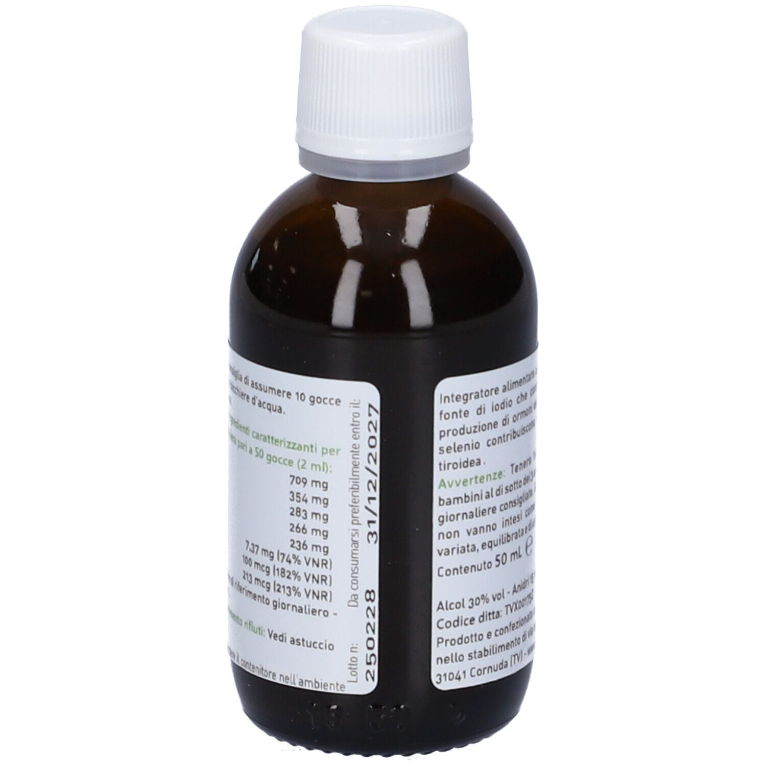 Flacone di vetro marrone con tappo bianco. Etichetta con informazioni nutrizionali e data di scadenza. Integratore alimentare.