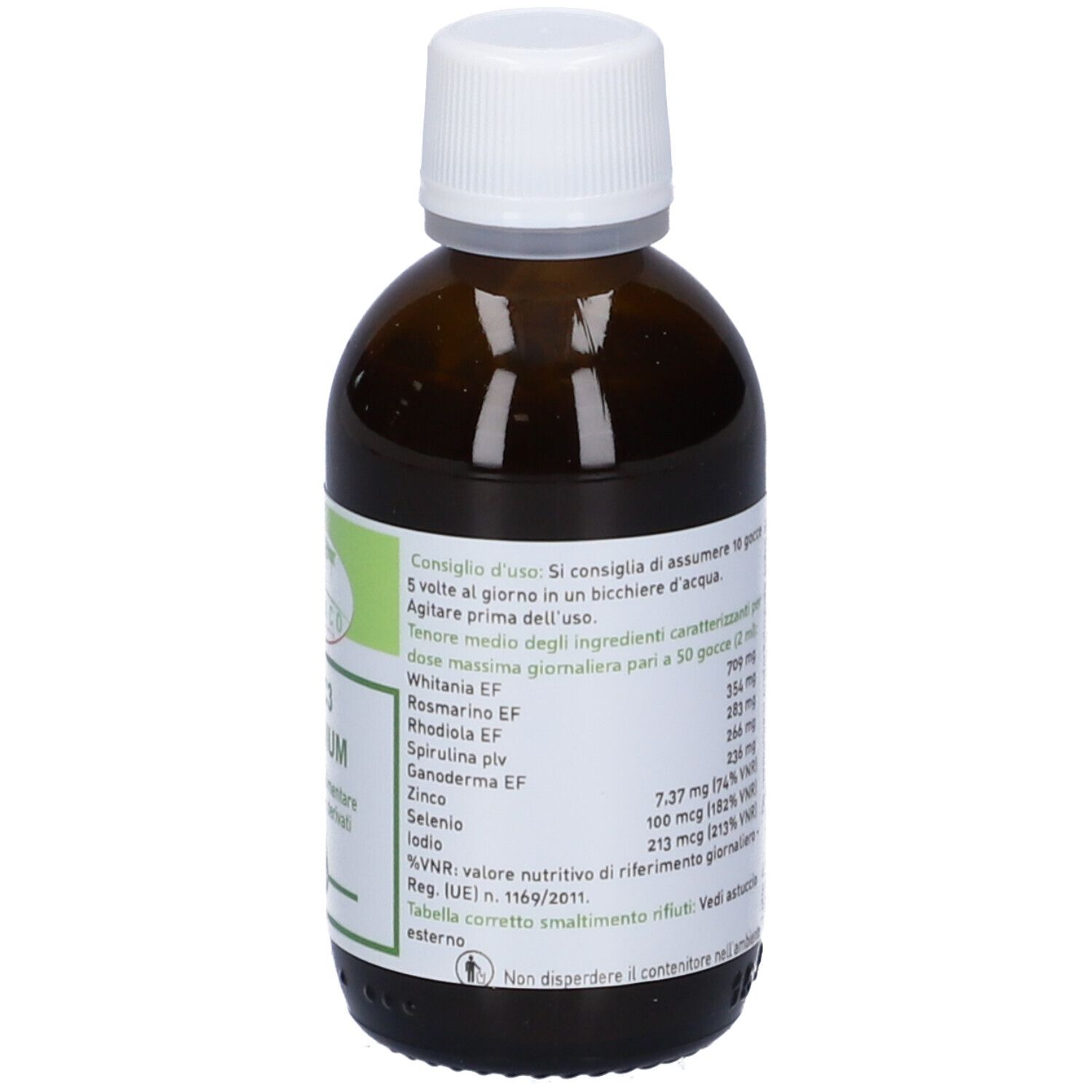 Flacone di vetro marrone con tappo bianco. Etichetta con raccomandazioni di dosaggio e ingredienti. Integratore alimentare.