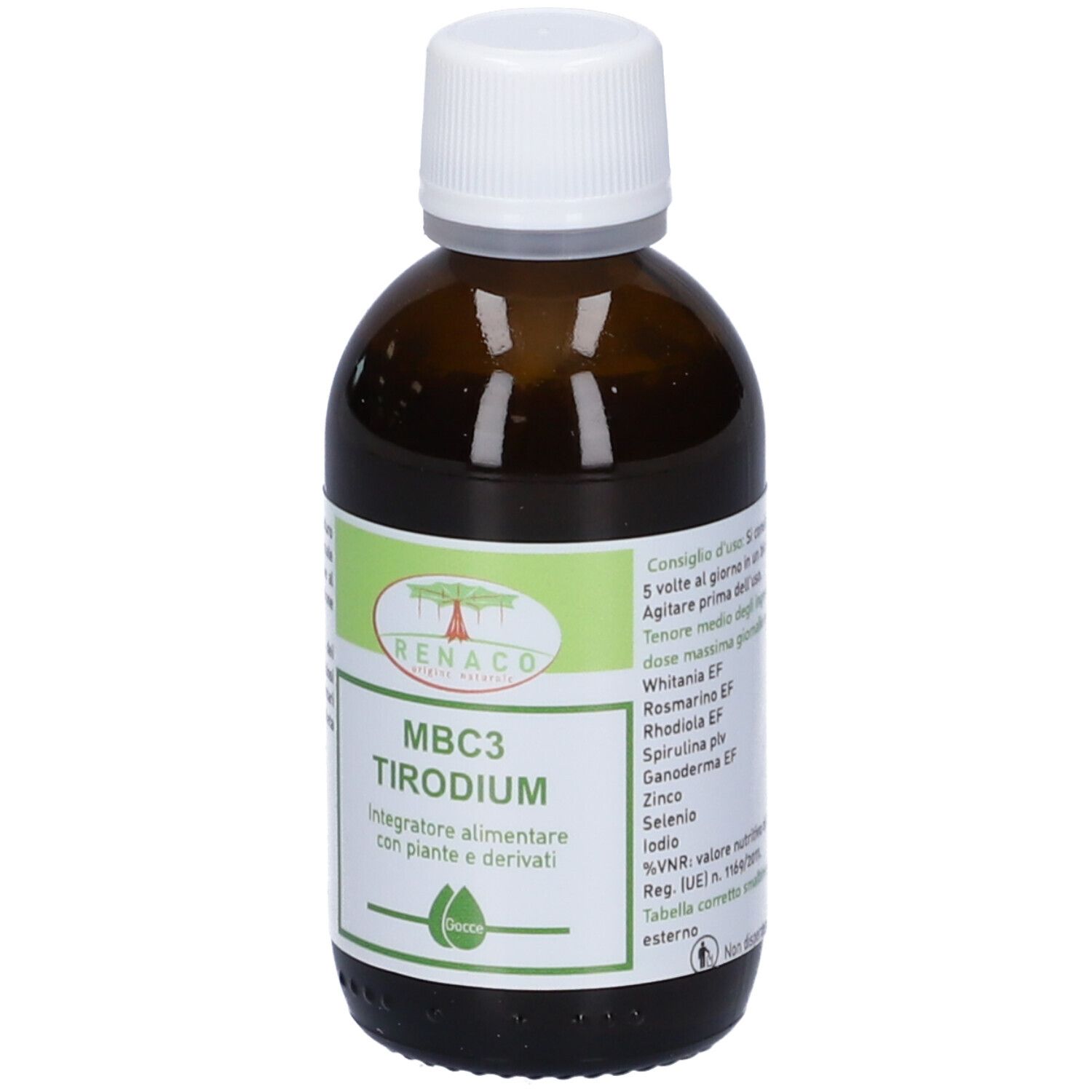 Flacone di vetro marrone con tappo bianco. Etichetta con nome del prodotto e logo. Integratore alimentare.