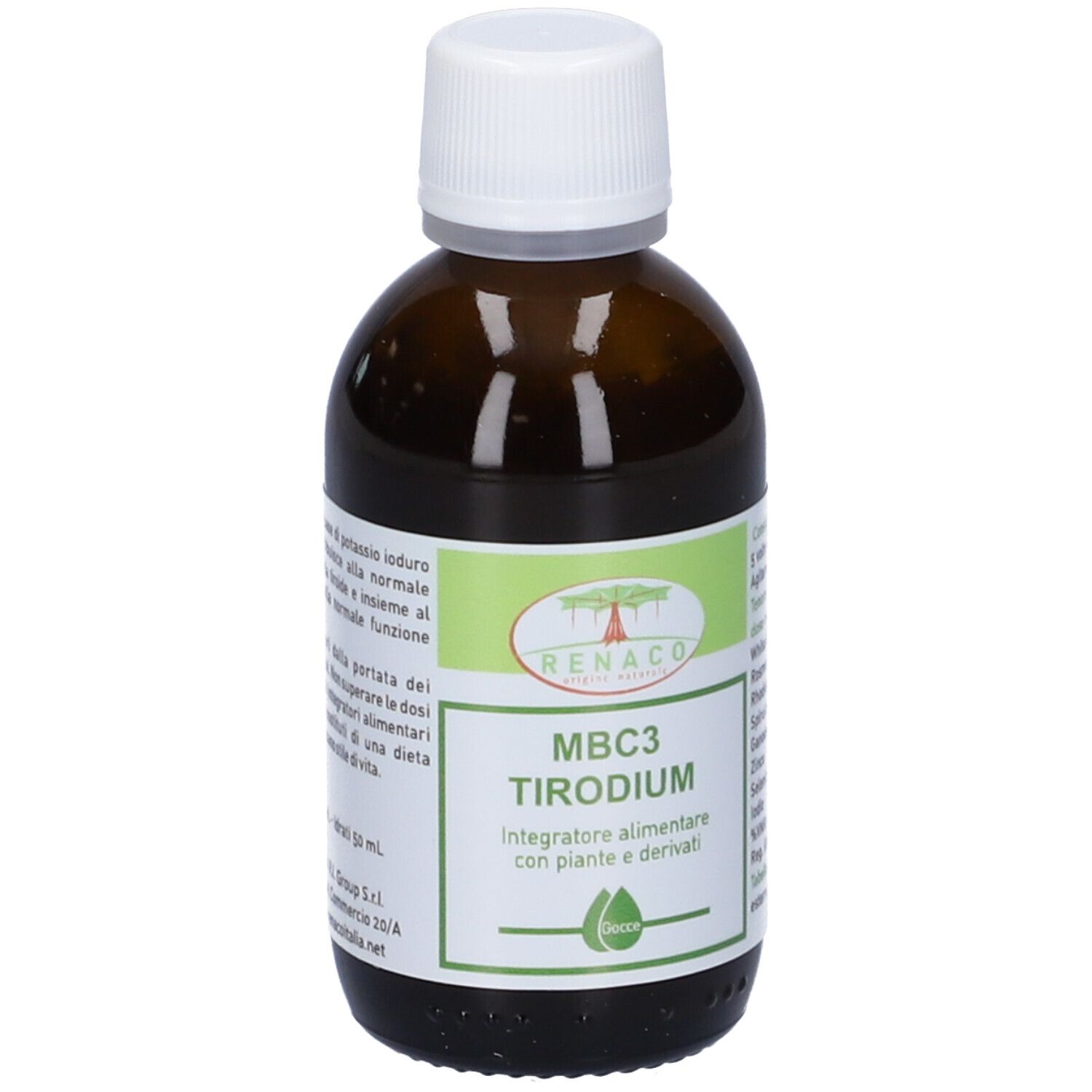 Flacone di vetro marrone con tappo bianco. Etichetta con nome del prodotto e logo. Integratore alimentare.