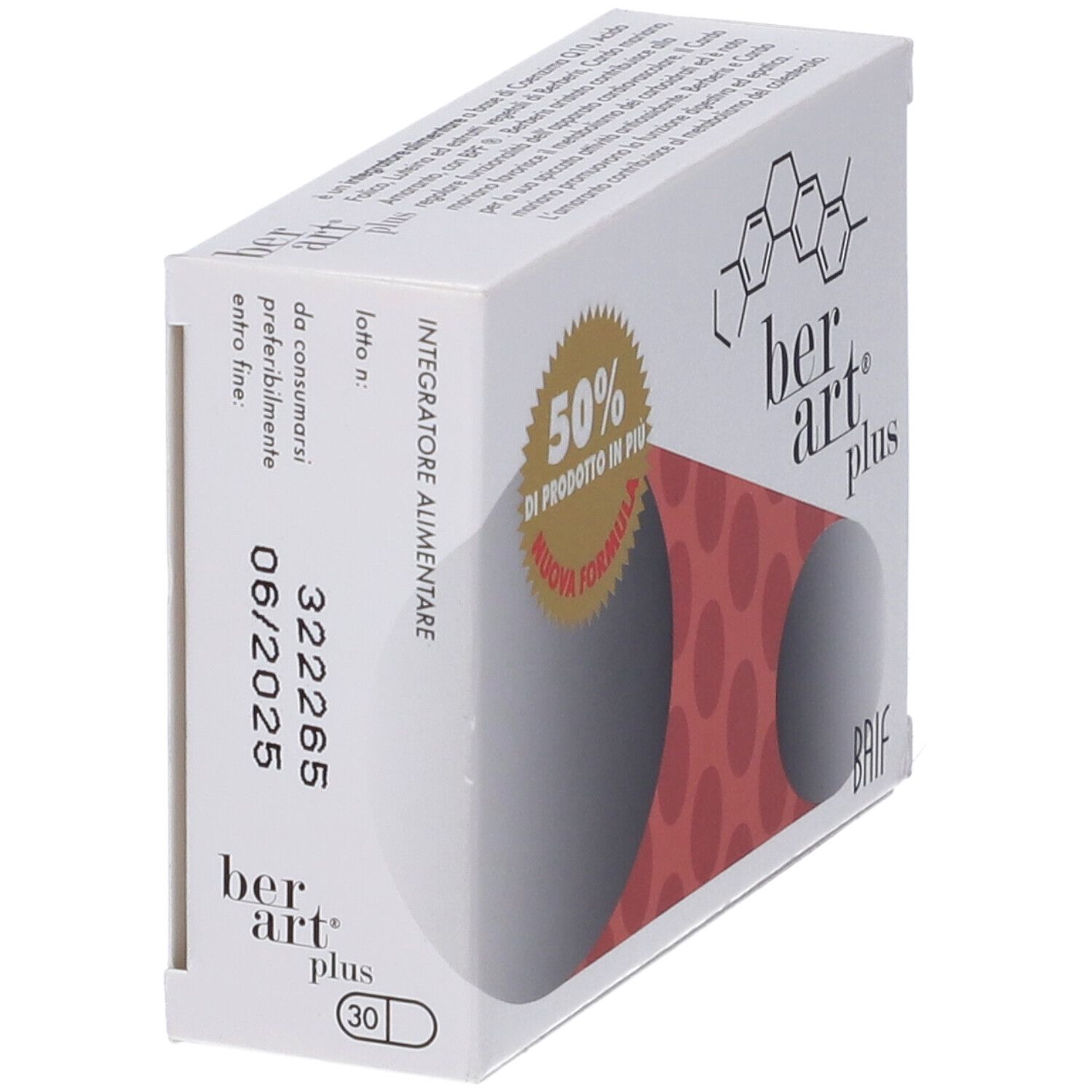 Confezione del prodotto angolata. Stampa con nome, logo e 50% di prodotto in più. Data di scadenza.