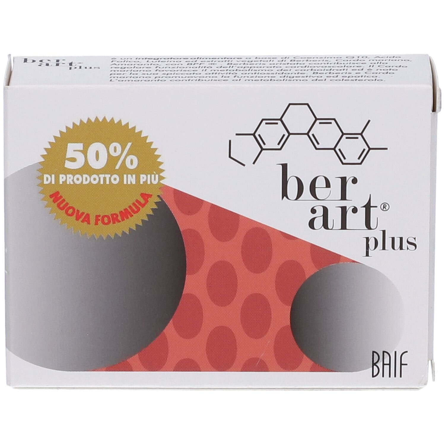 Confezione del prodotto con logo e adesivo 50% di prodotto in più. Cerchio rosso a pois.