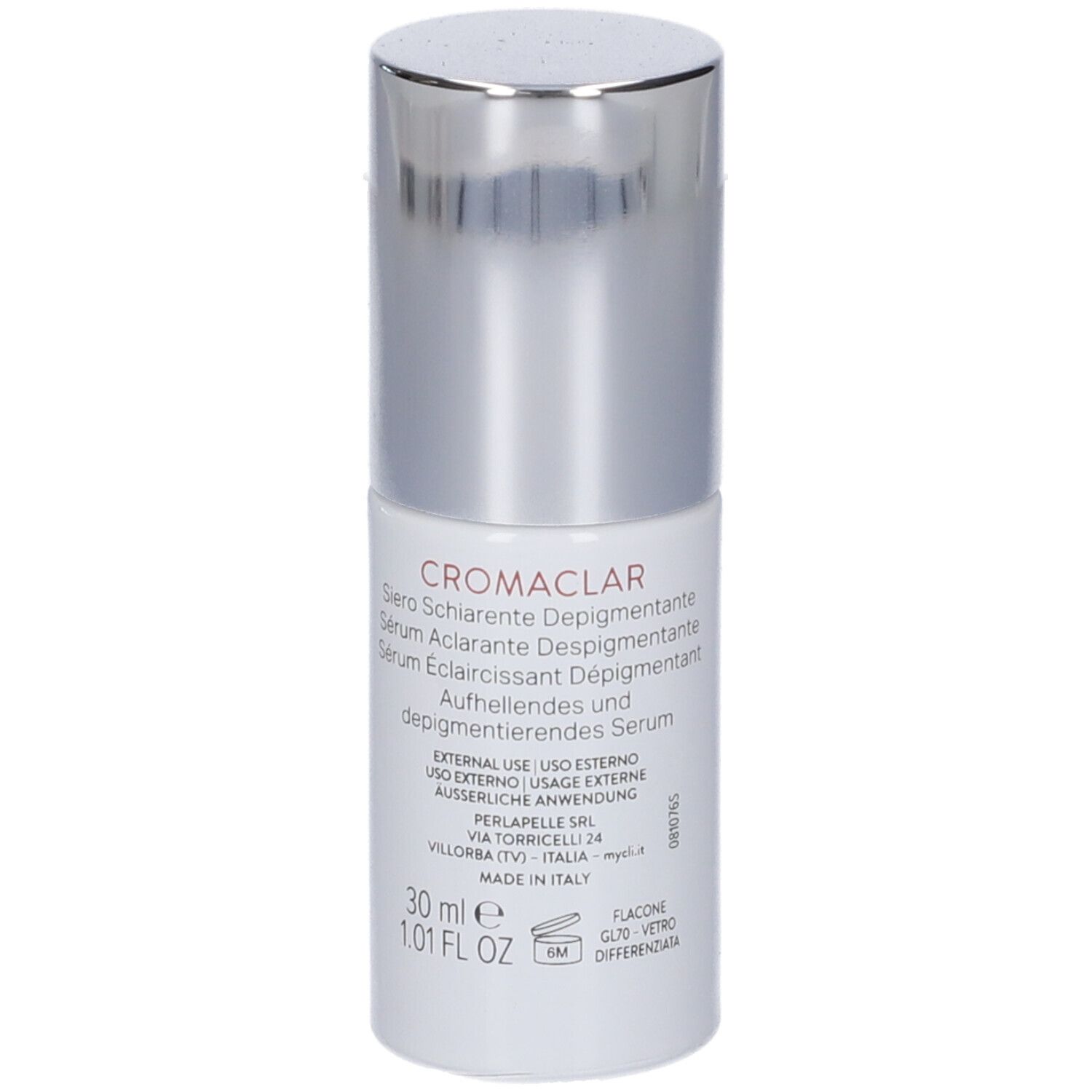 Retro del flacone di MyCli Cromaclar Siero con informazioni sul prodotto e indicazione di 30 ml.