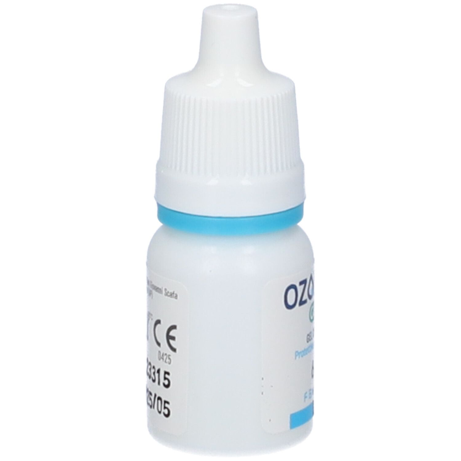 Flacone bianco di collirio con anello blu. Scritta: OZODROP GEL-K. Retro con informazioni e marchio CE.